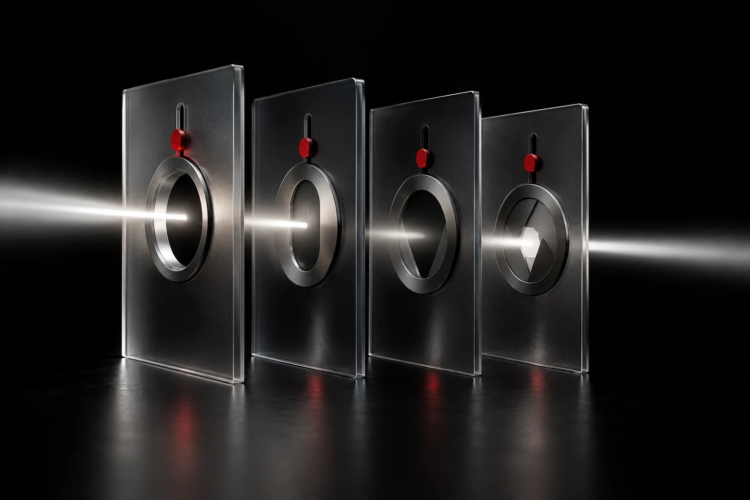Four separate graphite panels with circular openings and small red selectors guide a thin white light path across a dark field