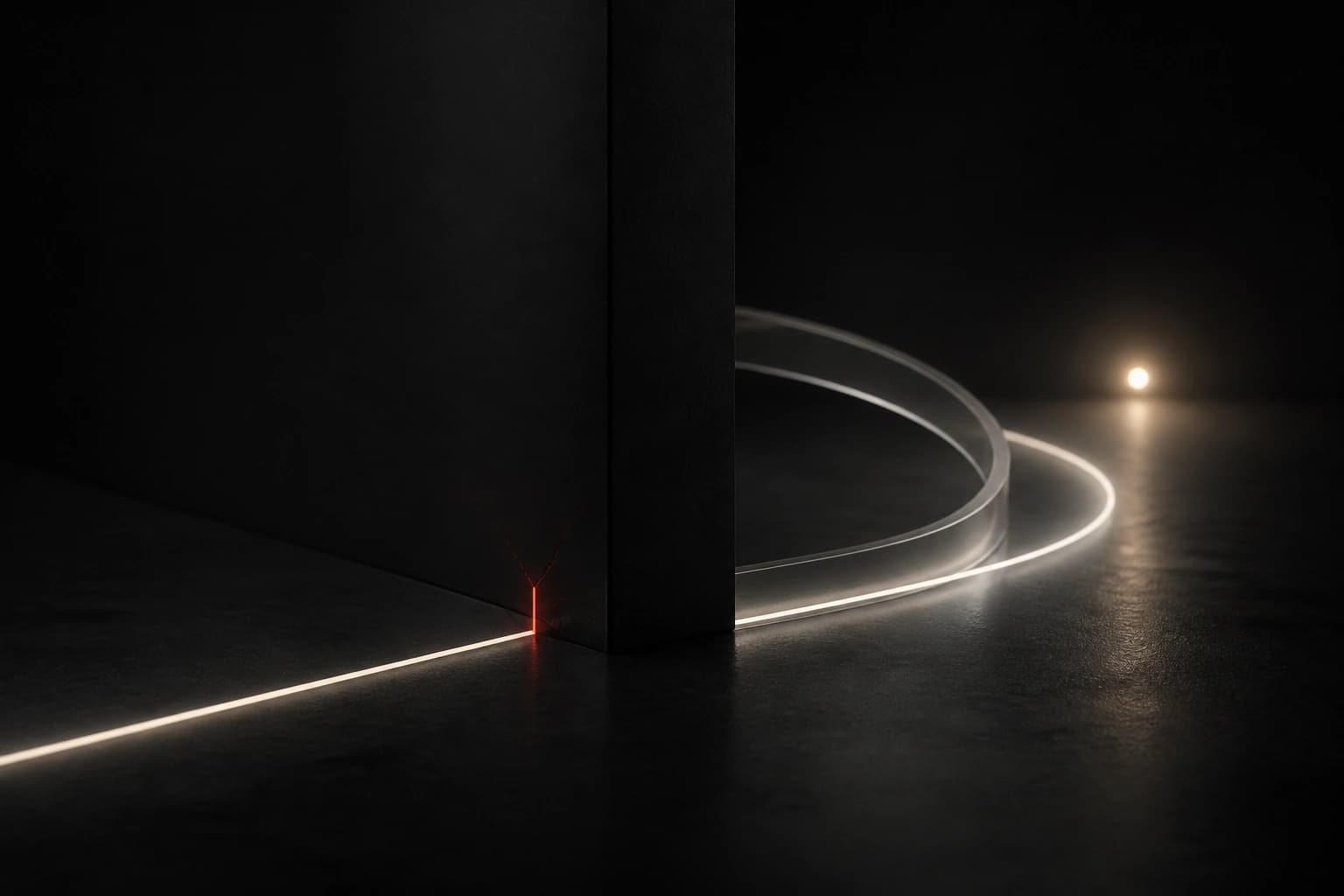 A fragile ivory path meets a dark barrier before a translucent arc redirects it toward a small human-scale light