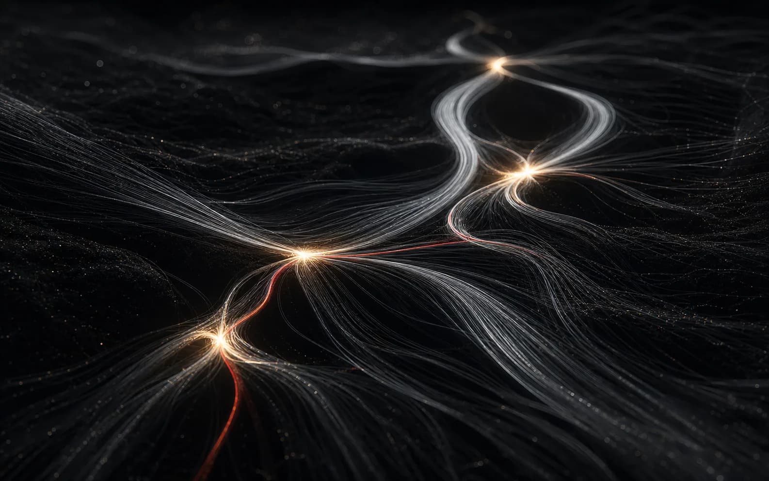 Silver paths converging at warm points of light on black