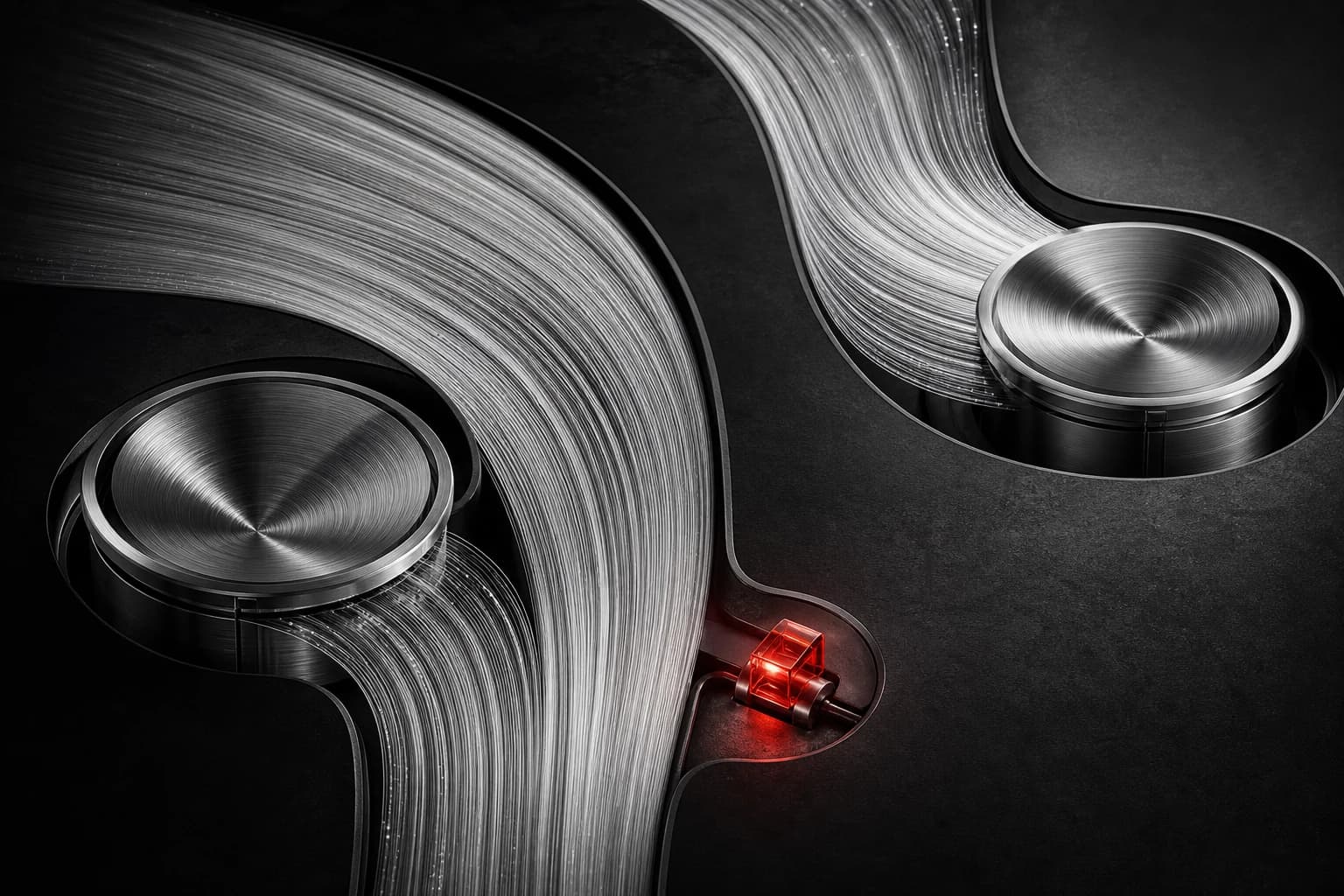Two silver capacity reels feed sweeping luminous work streams past a small red glass latch