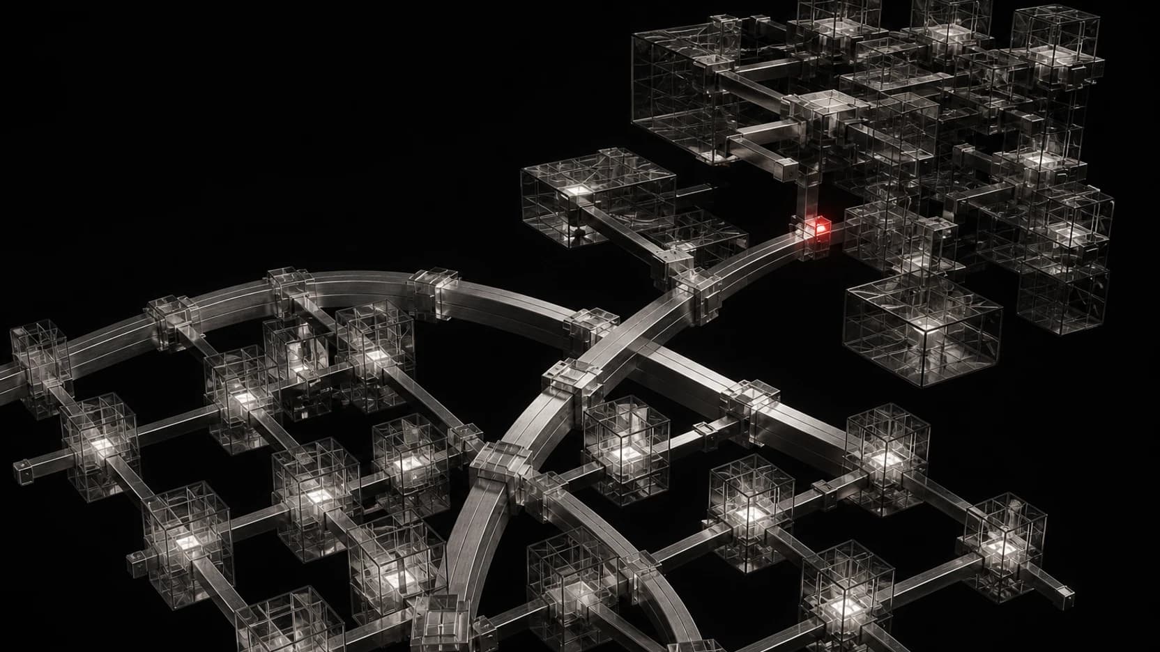 Twin silver structures cross a field of modular chambers while a missing shared spine leaves the hardest cluster open and one restrained red joint marks the break