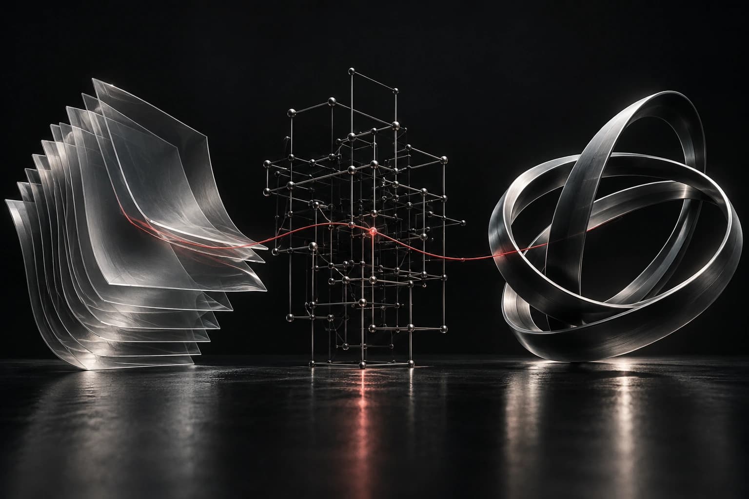 A silver stack of pages, an open geometric framework and a continuous metal loop are joined by one thin red line in a dark space