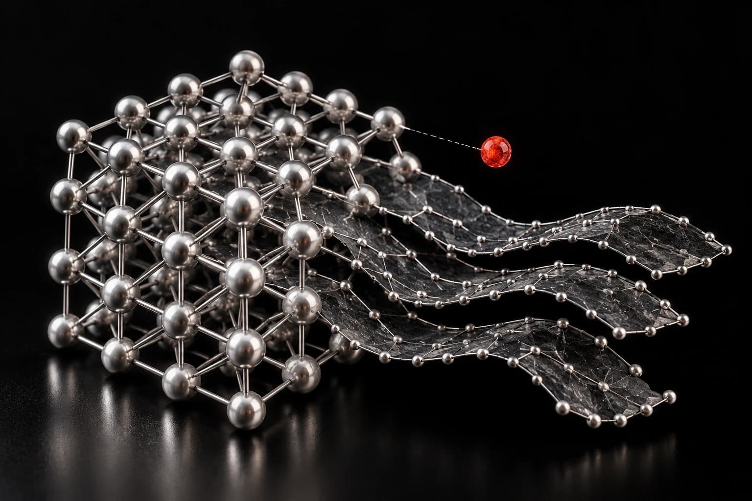 An invented silver lattice opens into blank graphite ribbons, with one displaced red node left outside the matching structure.