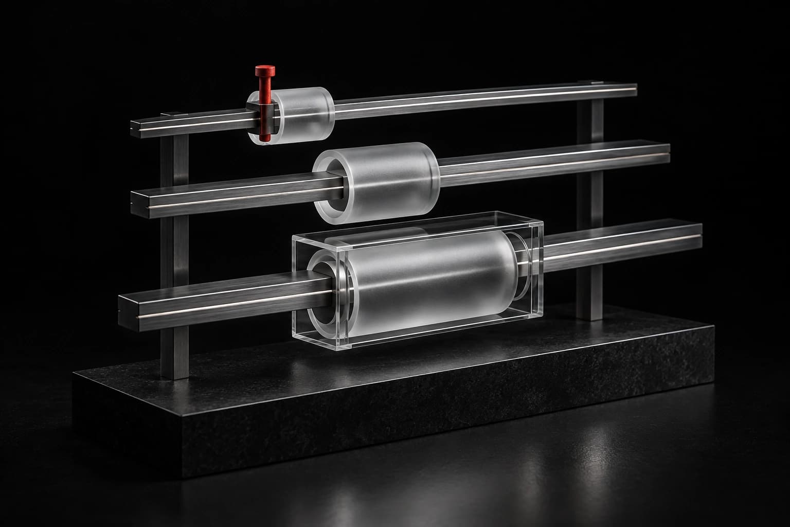 Three parallel silver channels pass through different transparent control sleeves, with a red stop pin beside the narrowest path