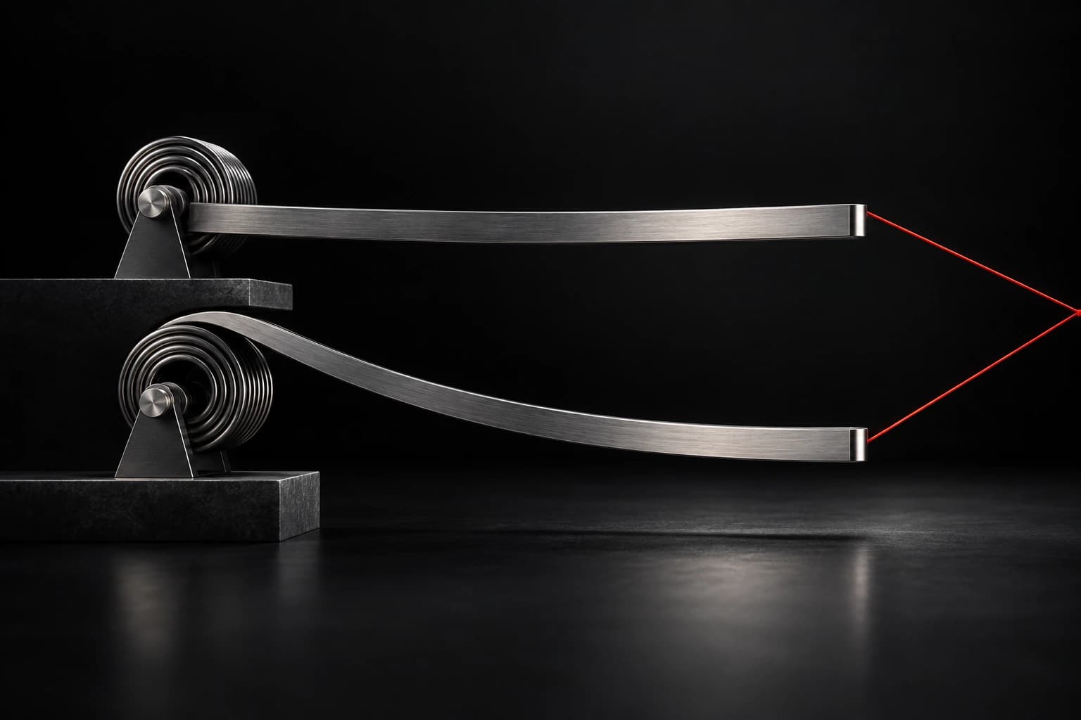 Two silver spring-supported strips bend differently under thin red tension lines in an abstract black space.