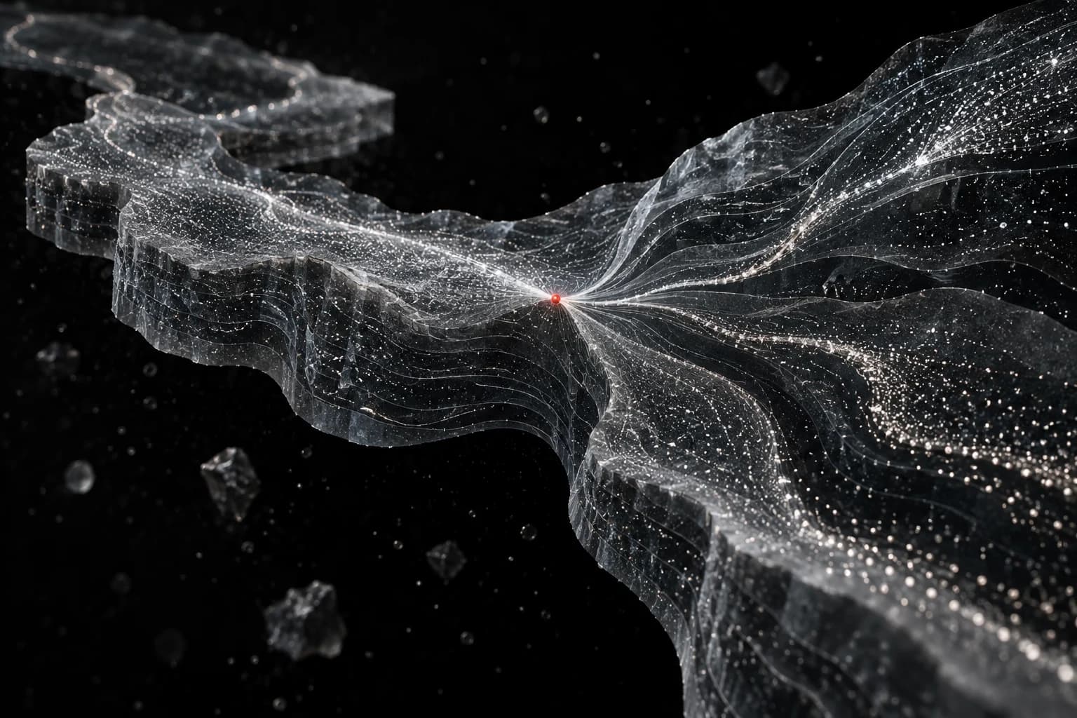 A translucent silver mineral ribbon of countless bright points narrows toward a single small red junction against a black field