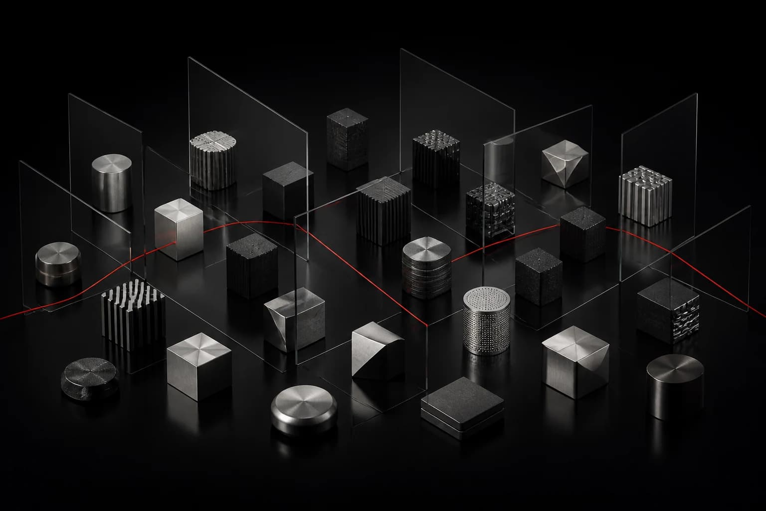 Distinct silver and graphite model forms sit between glass evaluation planes while one red line crosses the field