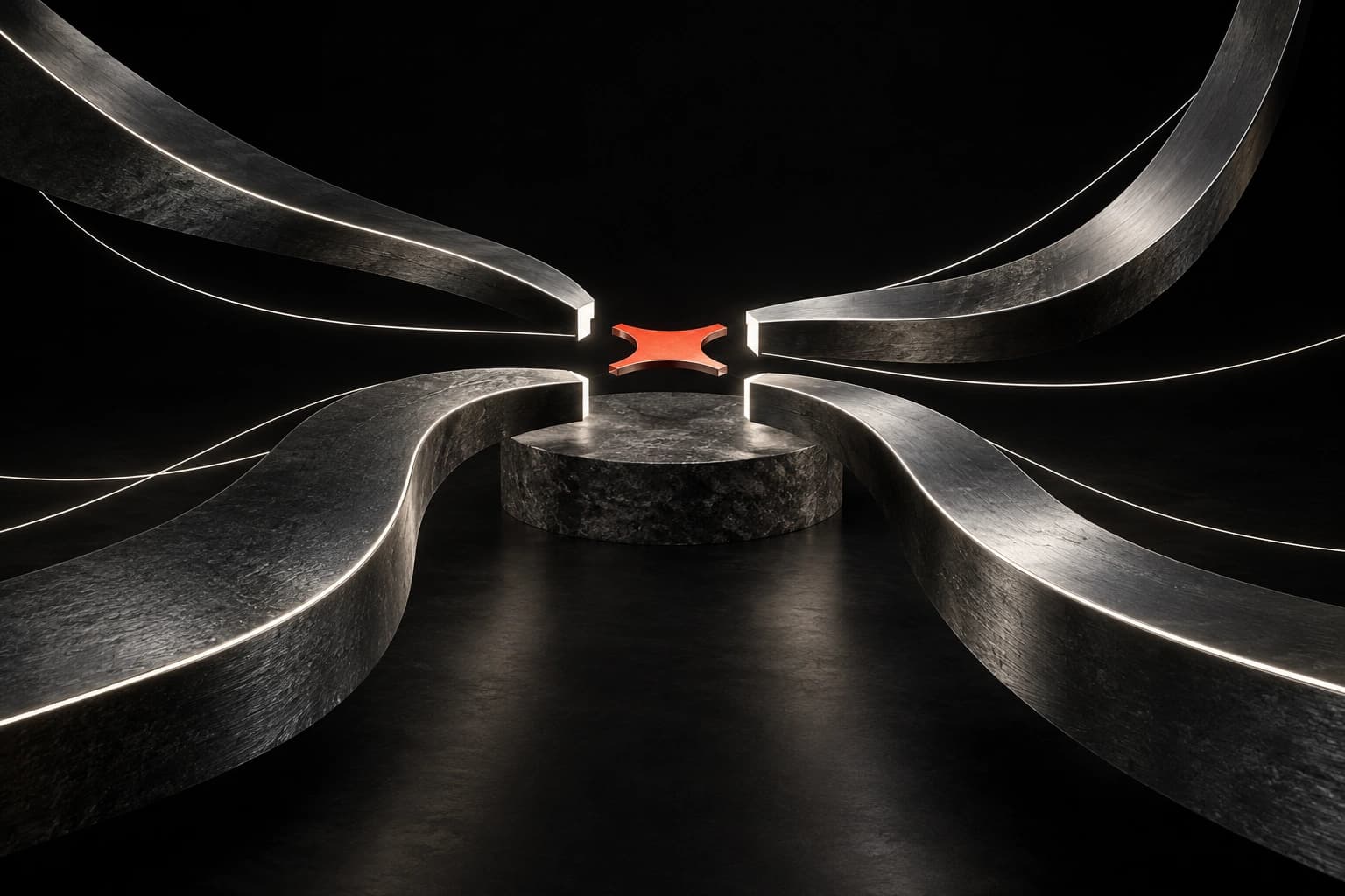 Four curved silver and graphite paths converge around a small red joining bracket above a stone platform, with gaps still separating the pieces