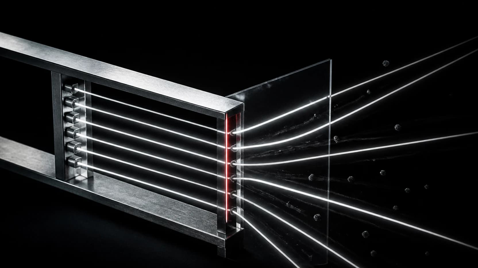 Six aligned silver light paths pass through a precise frame before spreading apart beyond a transparent threshold marked by a restrained red seam