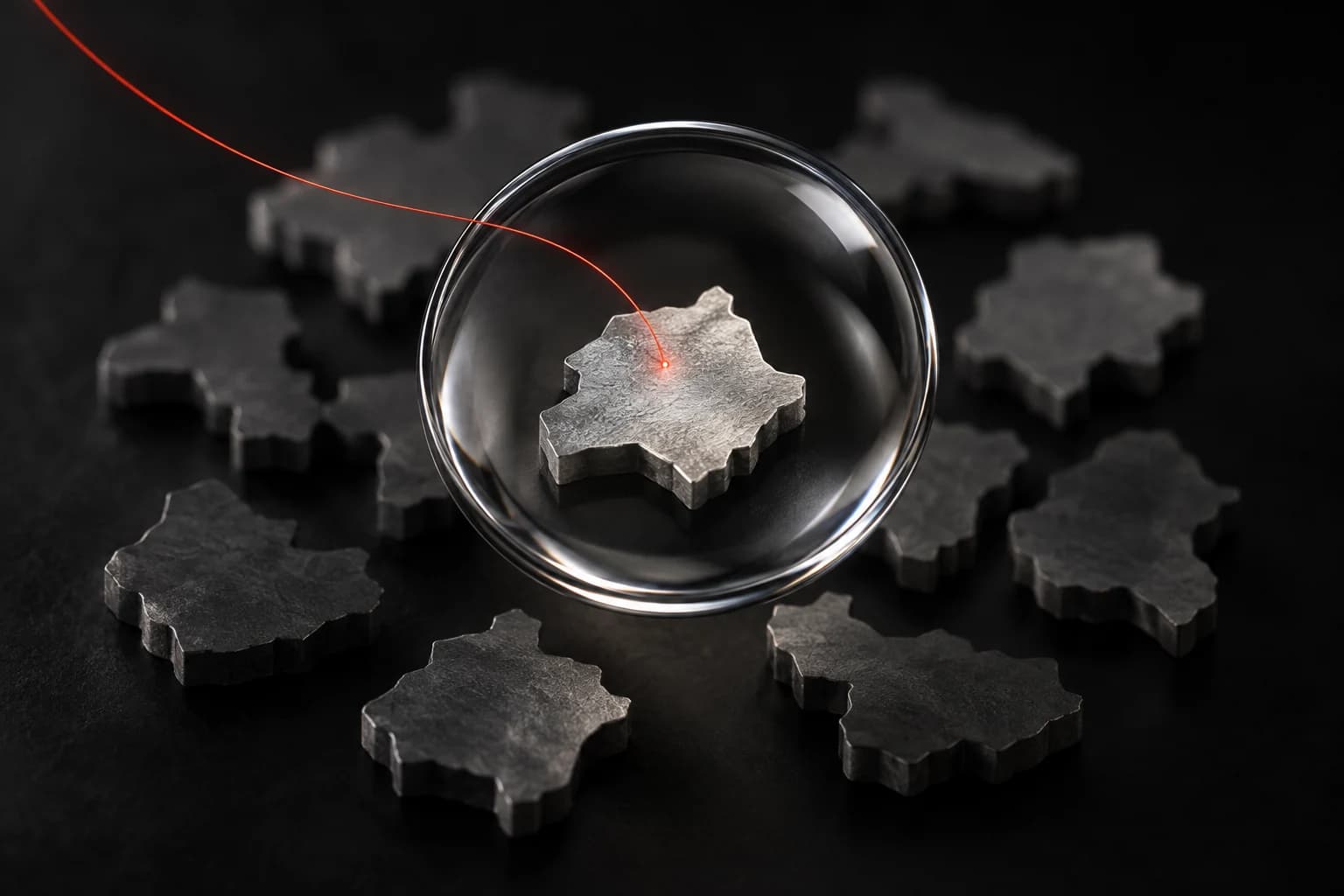 An optical glass lens focuses on one silver territorial tile, marked by a fine red filament among darker abstract tiles