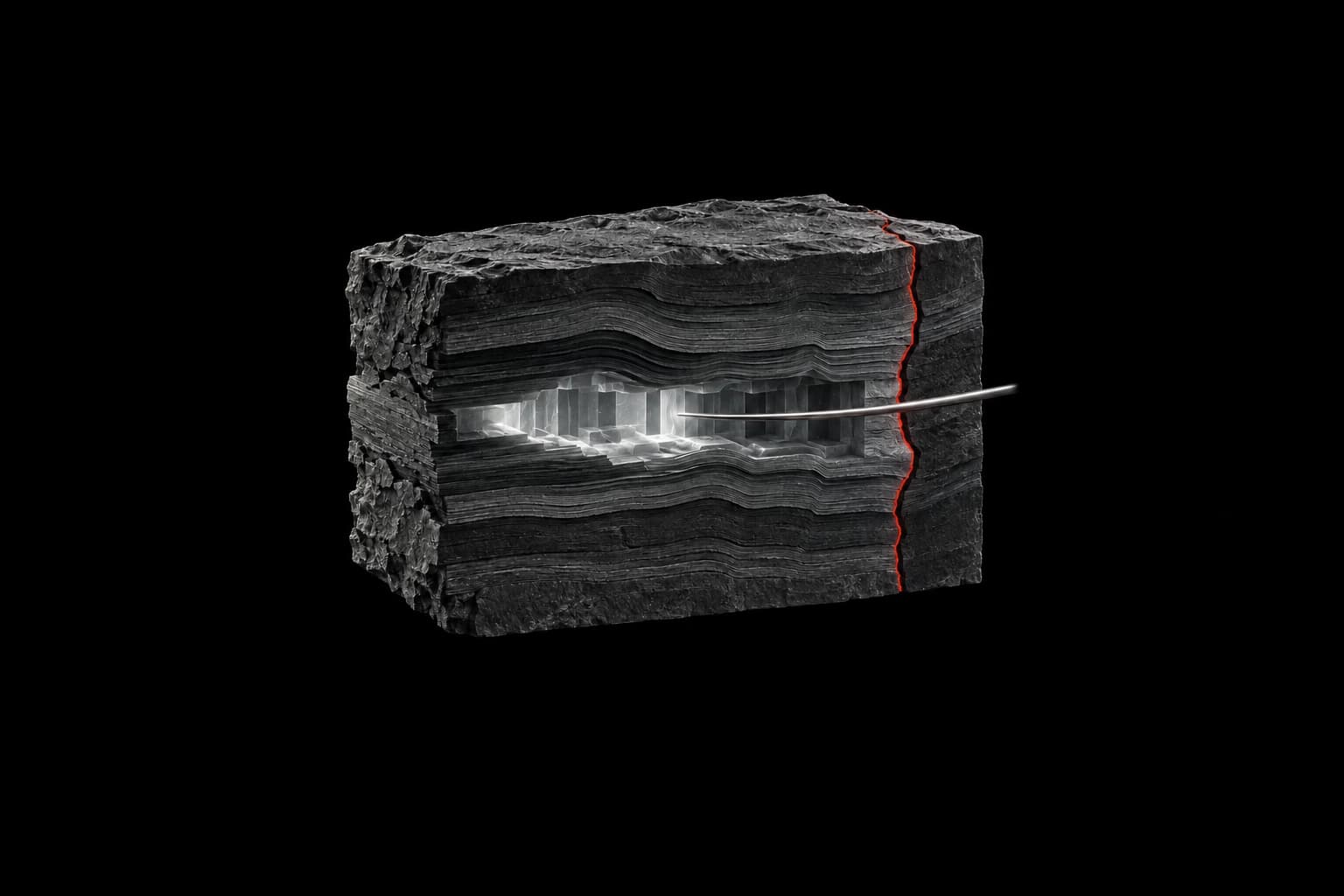 A silver inspection filament enters a narrow opening in a layered graphite structure, with a red seam marking the boundary between observer and system