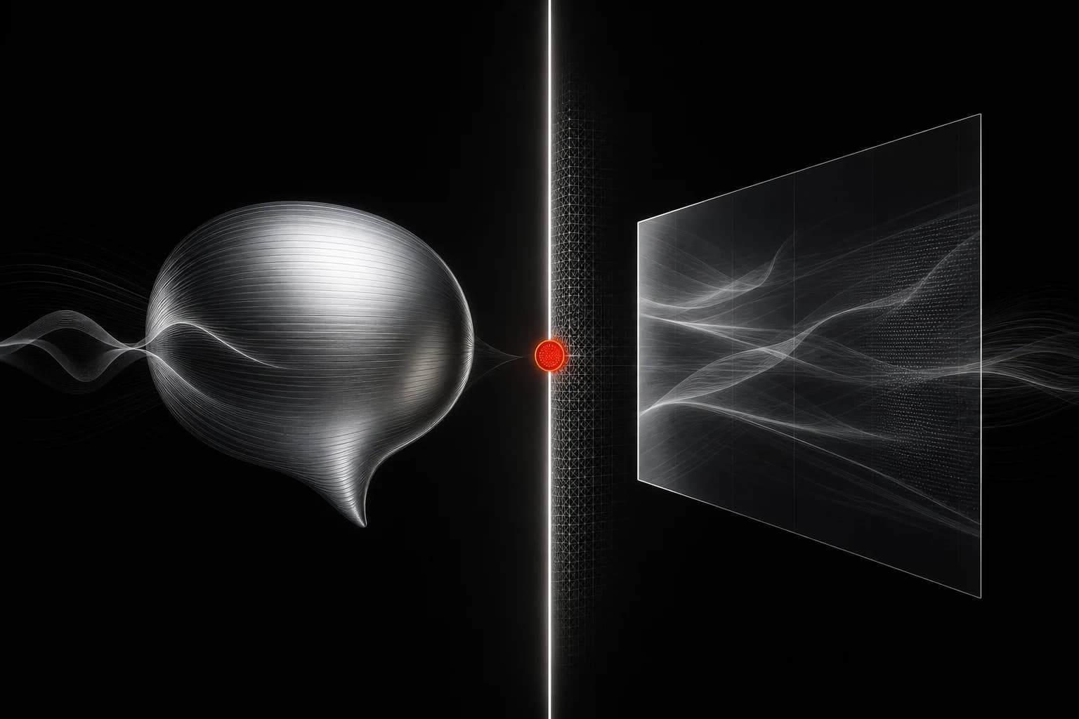 A silver conversation form and a translucent media plane cross a white disclosure threshold marked by one small red verification seal