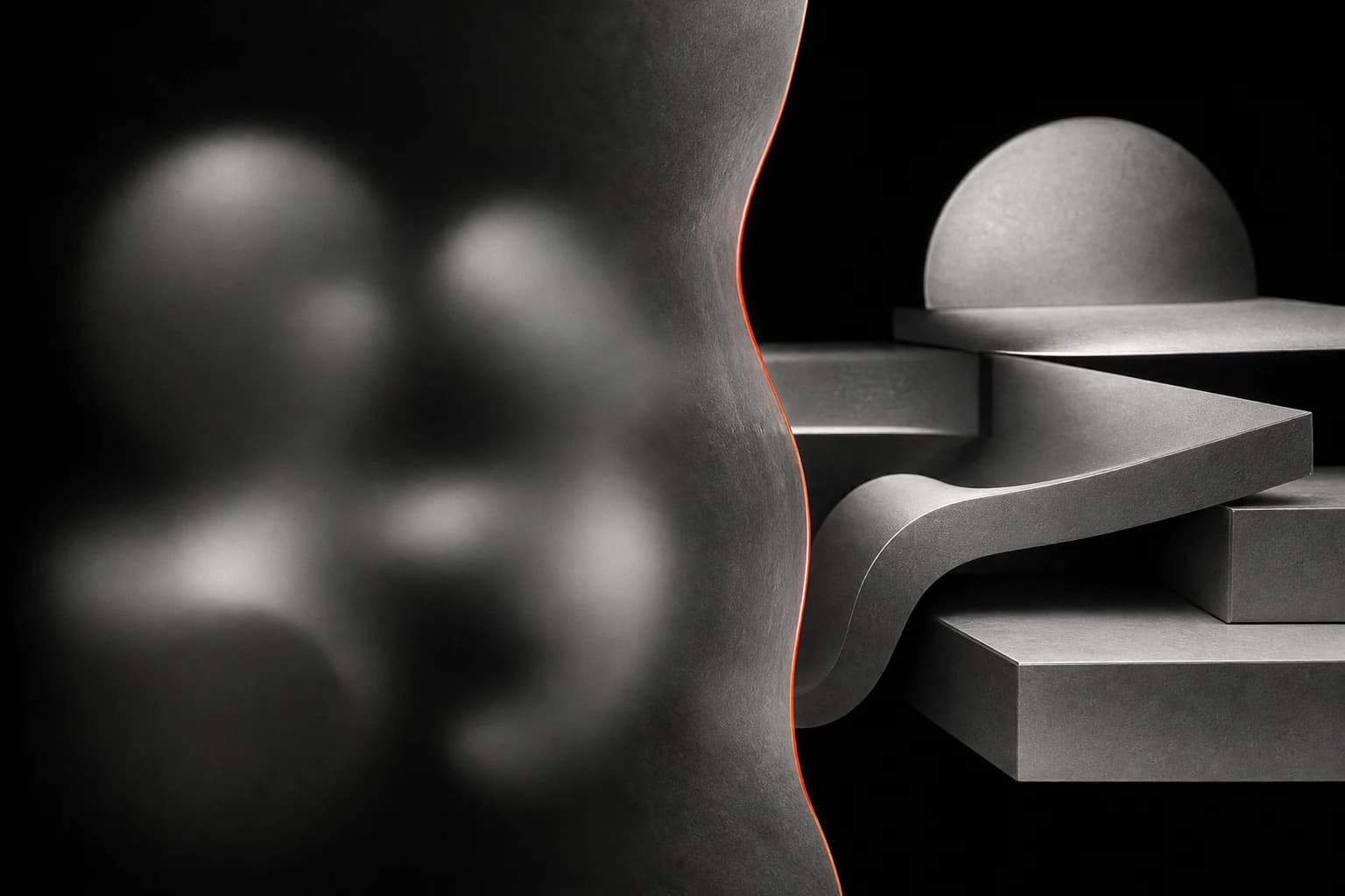 A thin red boundary separates blurred silver forms from clearly resolved graphite shapes