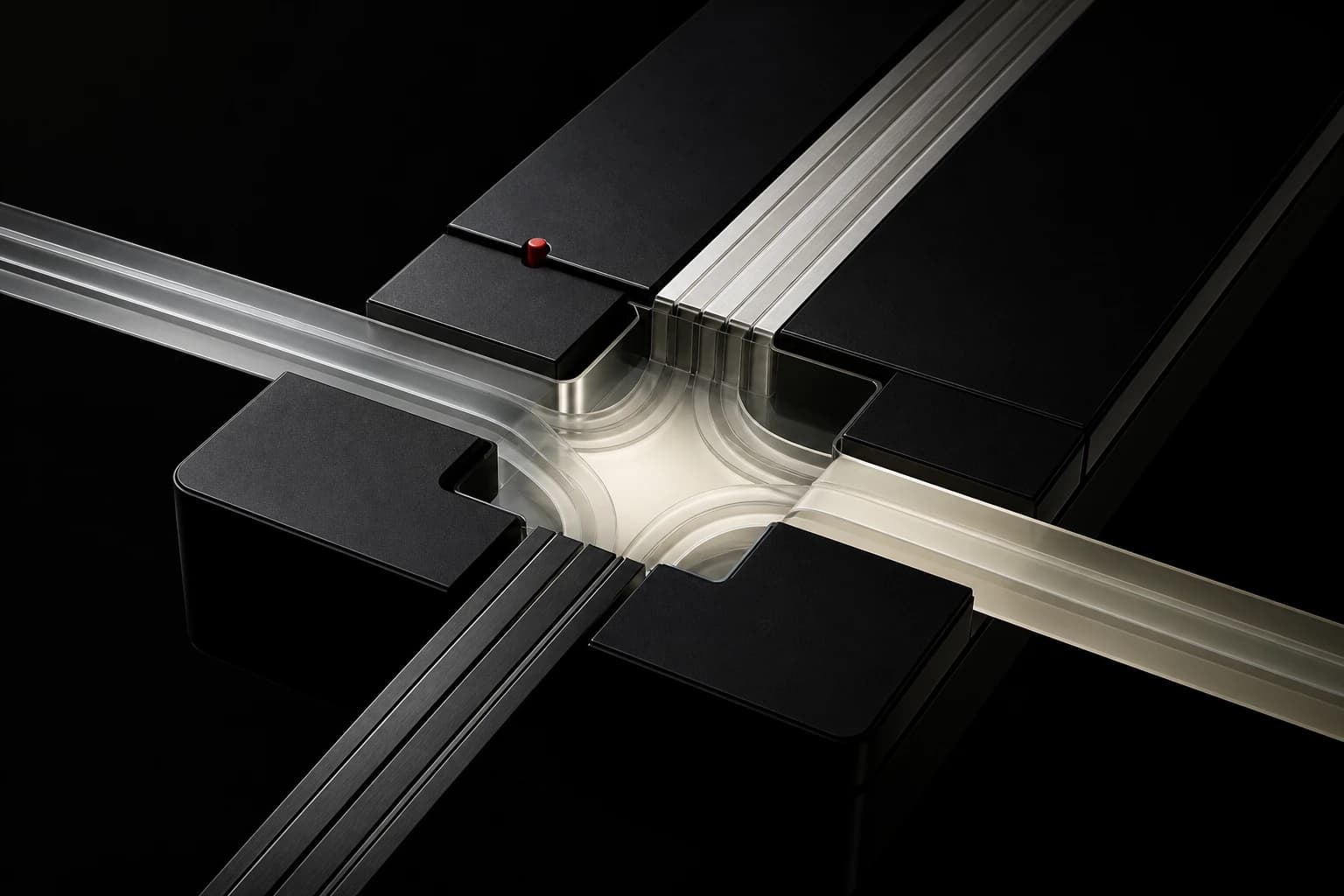 Silver and ivory channels enter a black device structure through equal openings around a small red pivot