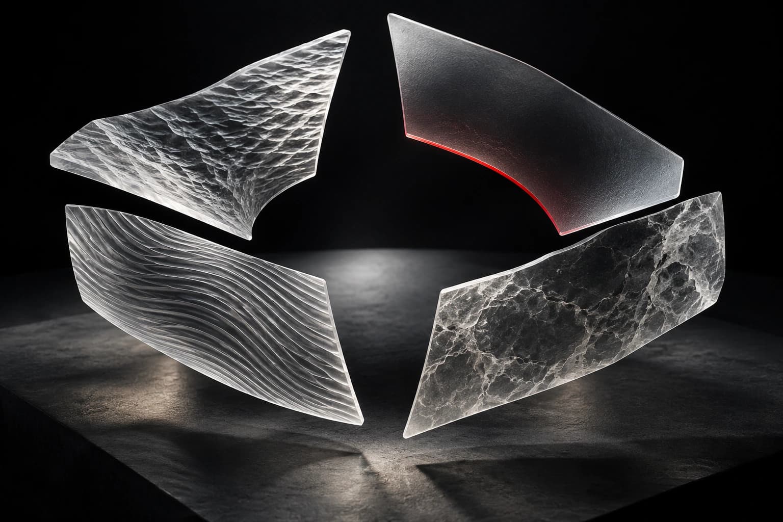 Four textured silver and translucent panels hover around an open centre on a dark graphite surface, with one restrained red edge