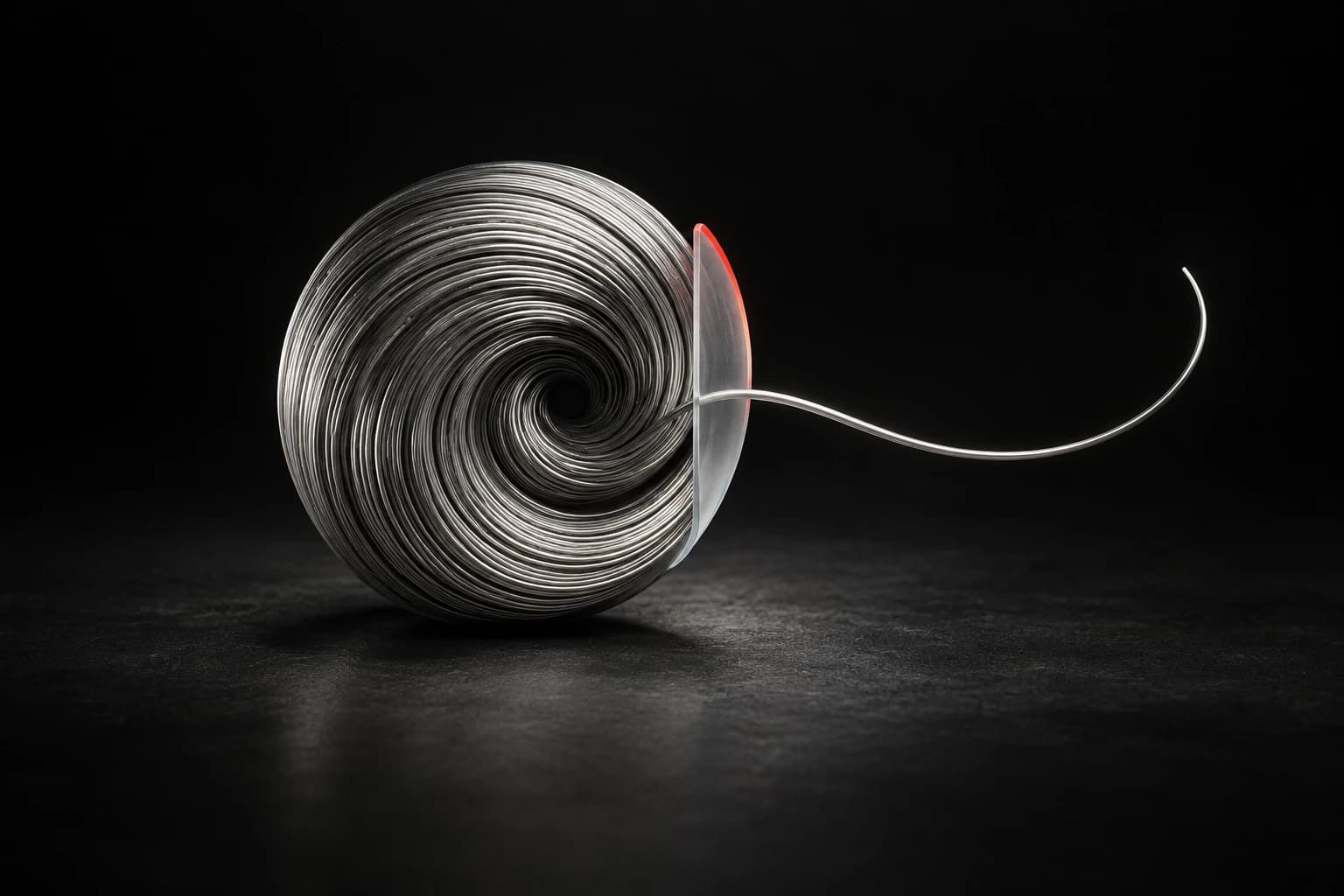 A fine silver filament curves towards a tight metallic spiral while a translucent separator guides it into an open arc with a restrained red accent