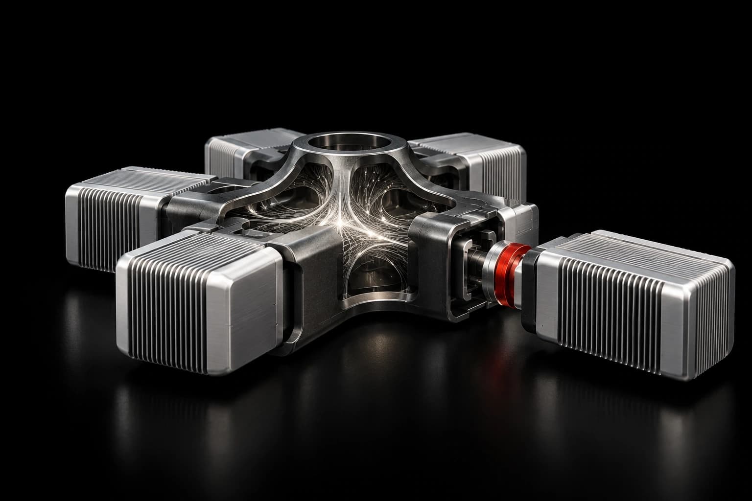 A new silver block docks into a shared graphite manifold, with fine white filaments and a red coupling collar marking the connection.