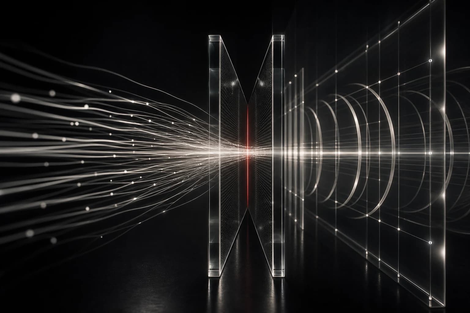 Silver filaments accelerate through a narrow red-lit gap towards a calm grid of transparent security layers
