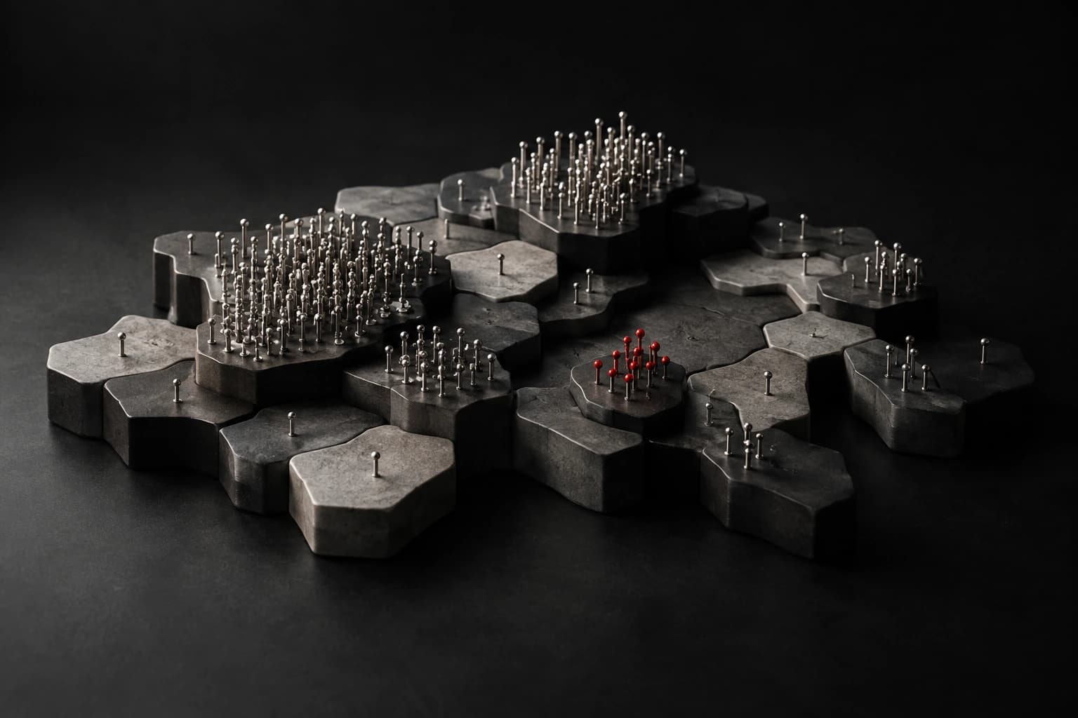Charcoal sculptural tiles hold silver pins in uneven clusters, with a small red cluster near the center