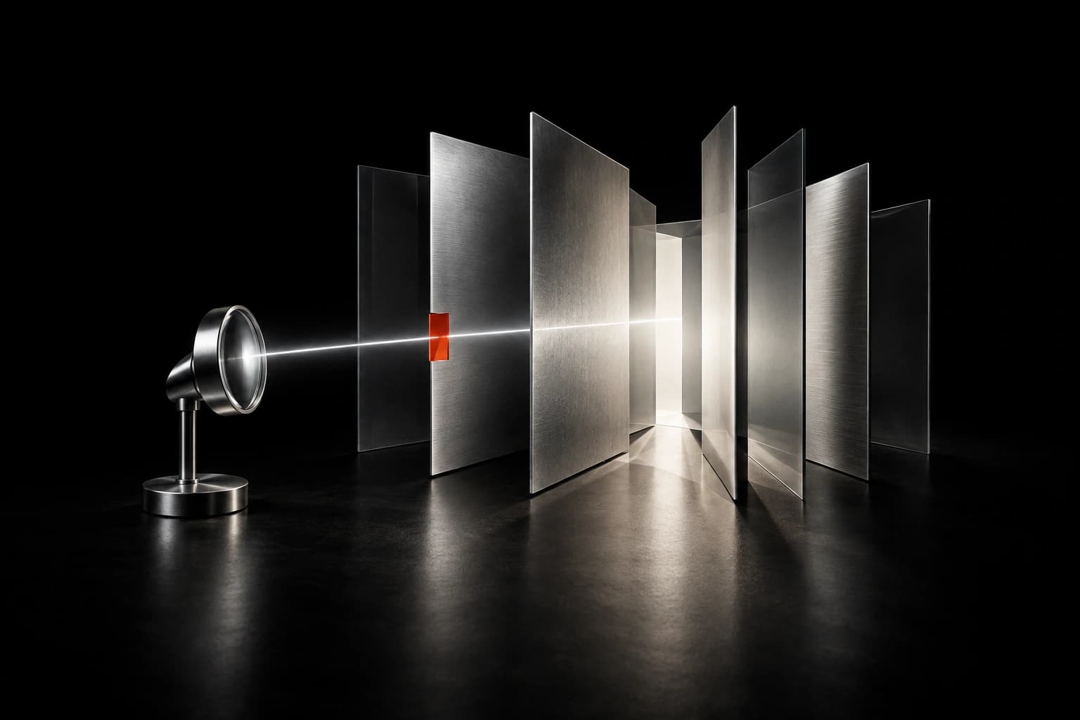 A separate silver inspection lens looks through opened metal and translucent shutters, with a small red tab marking a narrow disclosure boundary.