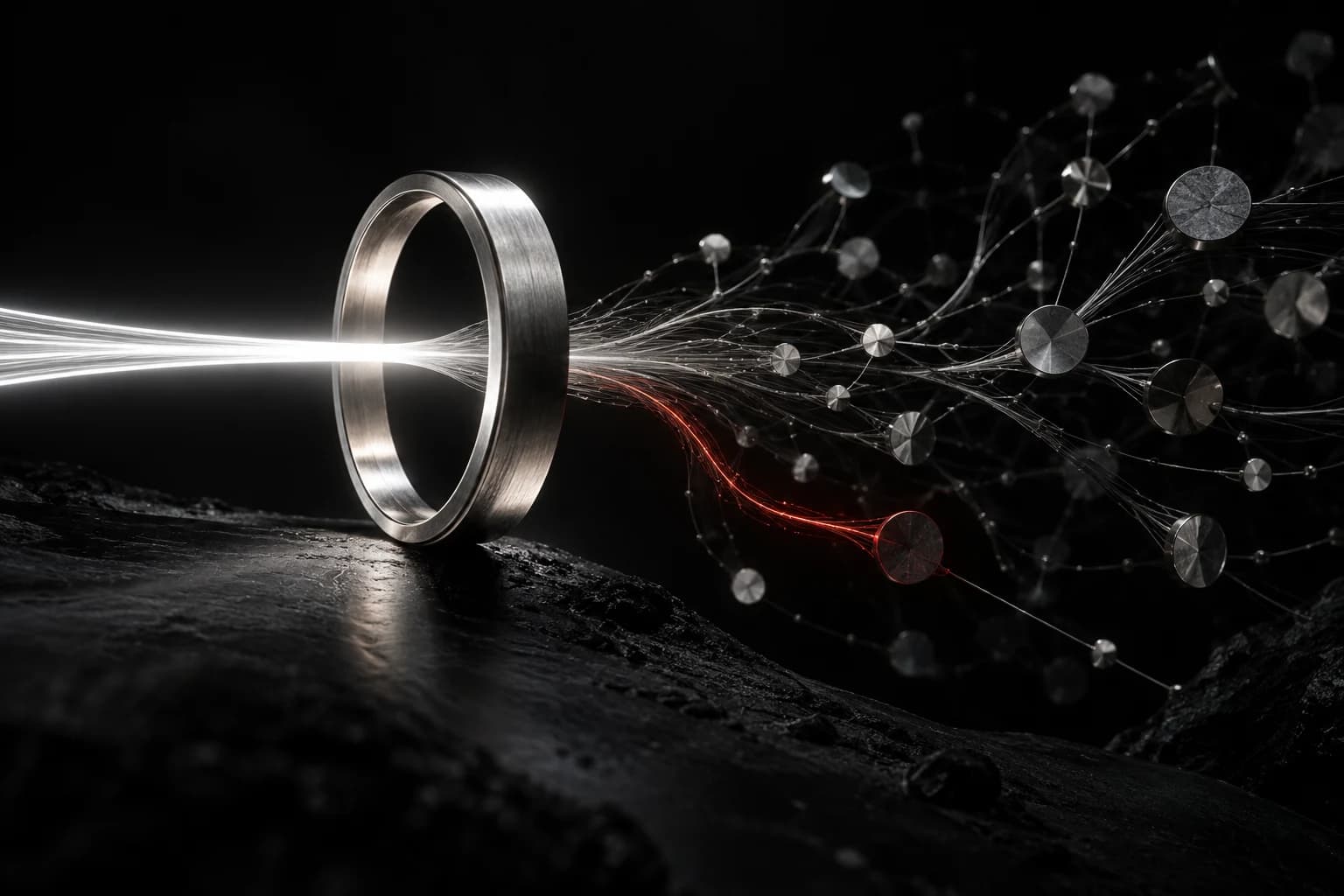 A white light path passes through a silver authentication ring before a red strand diverts into a dark network of metal nodes