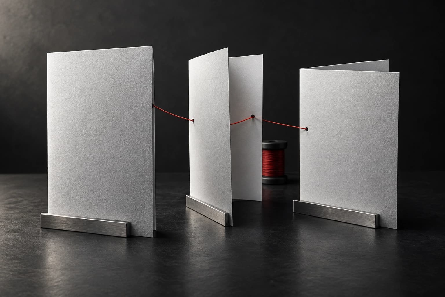 Three blank folded silver-white folios stand on a graphite surface, connected by one red thread from a small spool behind them