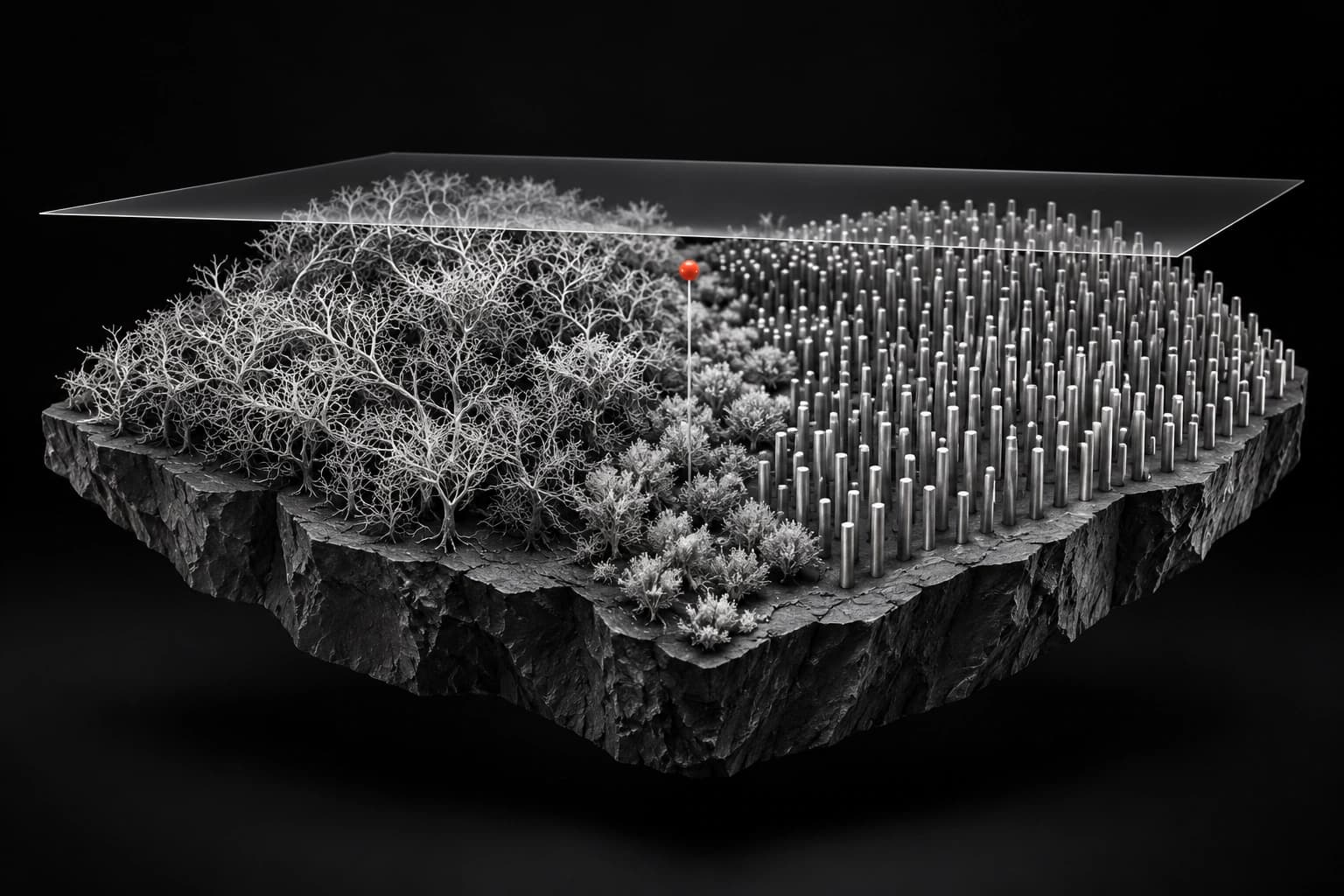An abstract graphite terrain carries tangled silver branches beside regular metal rods, with a red marker at their uncertain boundary.