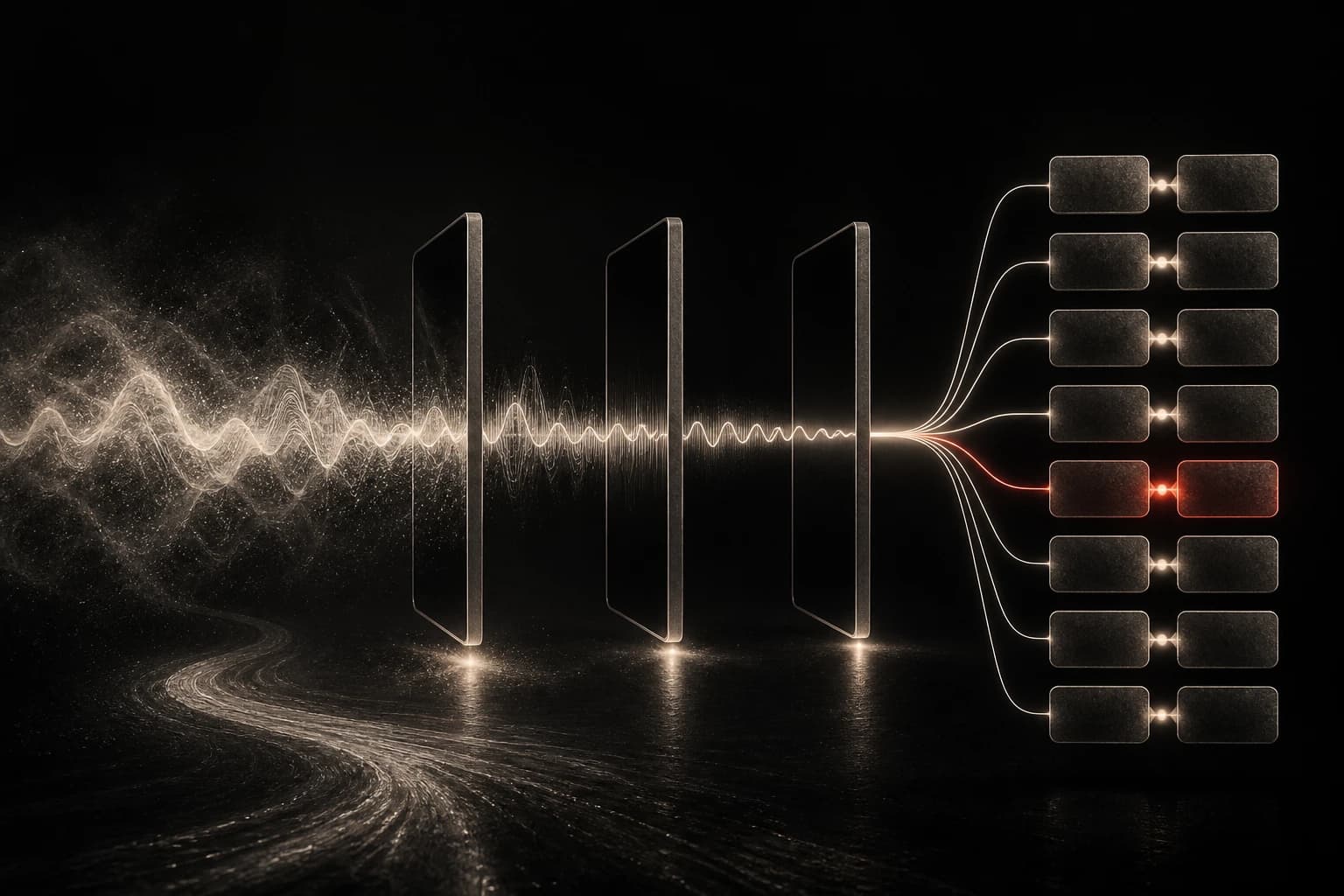 A noisy silver voice signal passes through three black-glass gates and branches into form fields, with one field lit red