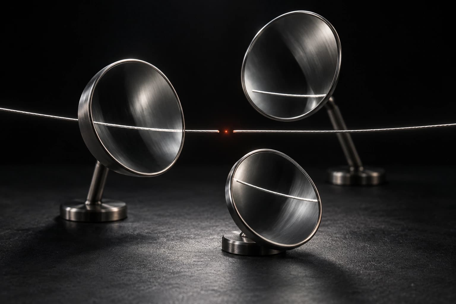 Three concave silver inspection mirrors reflect separate sections of a fine filament interrupted at a small red tip over a graphite surface