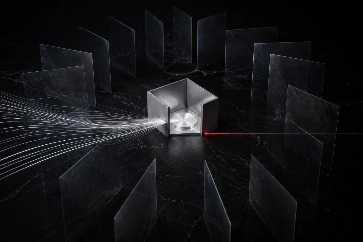 A ring of translucent graphite policy planes surrounds a small silver test chamber, with measured white paths and one restrained red threshold on a deep black field