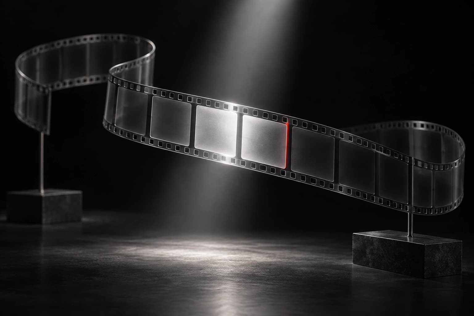 A curved translucent film strip has a small cluster of illuminated frames and one restrained red edge