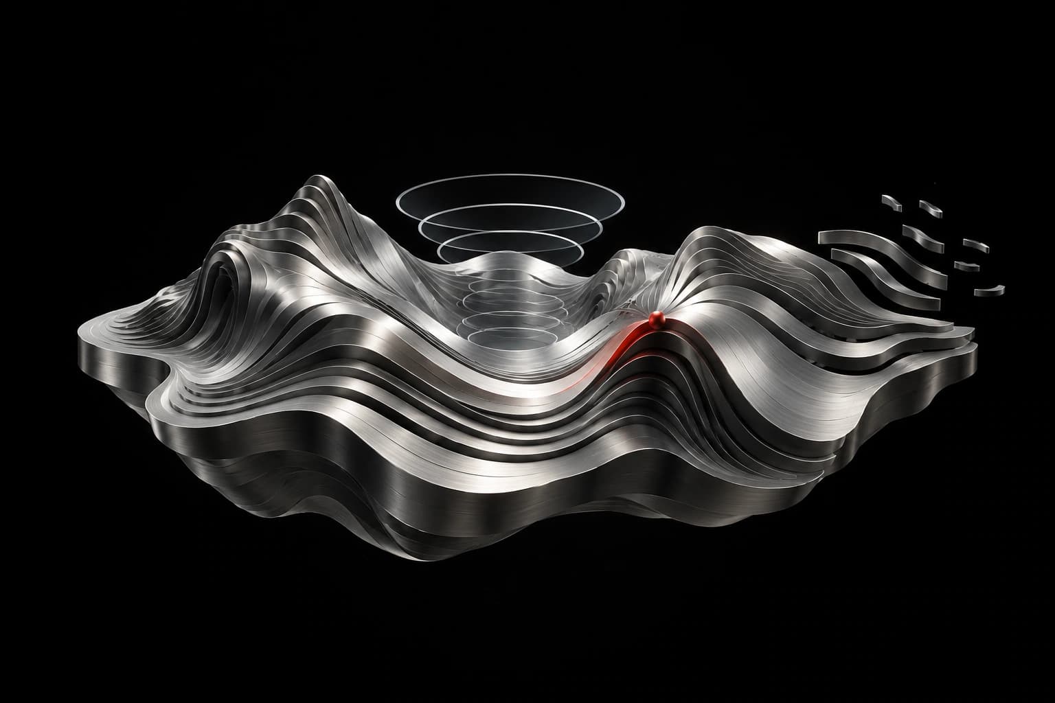 Folded silver terrain sits beneath translucent acoustic rings, with a red pivot and displaced contour fragments at its edge.