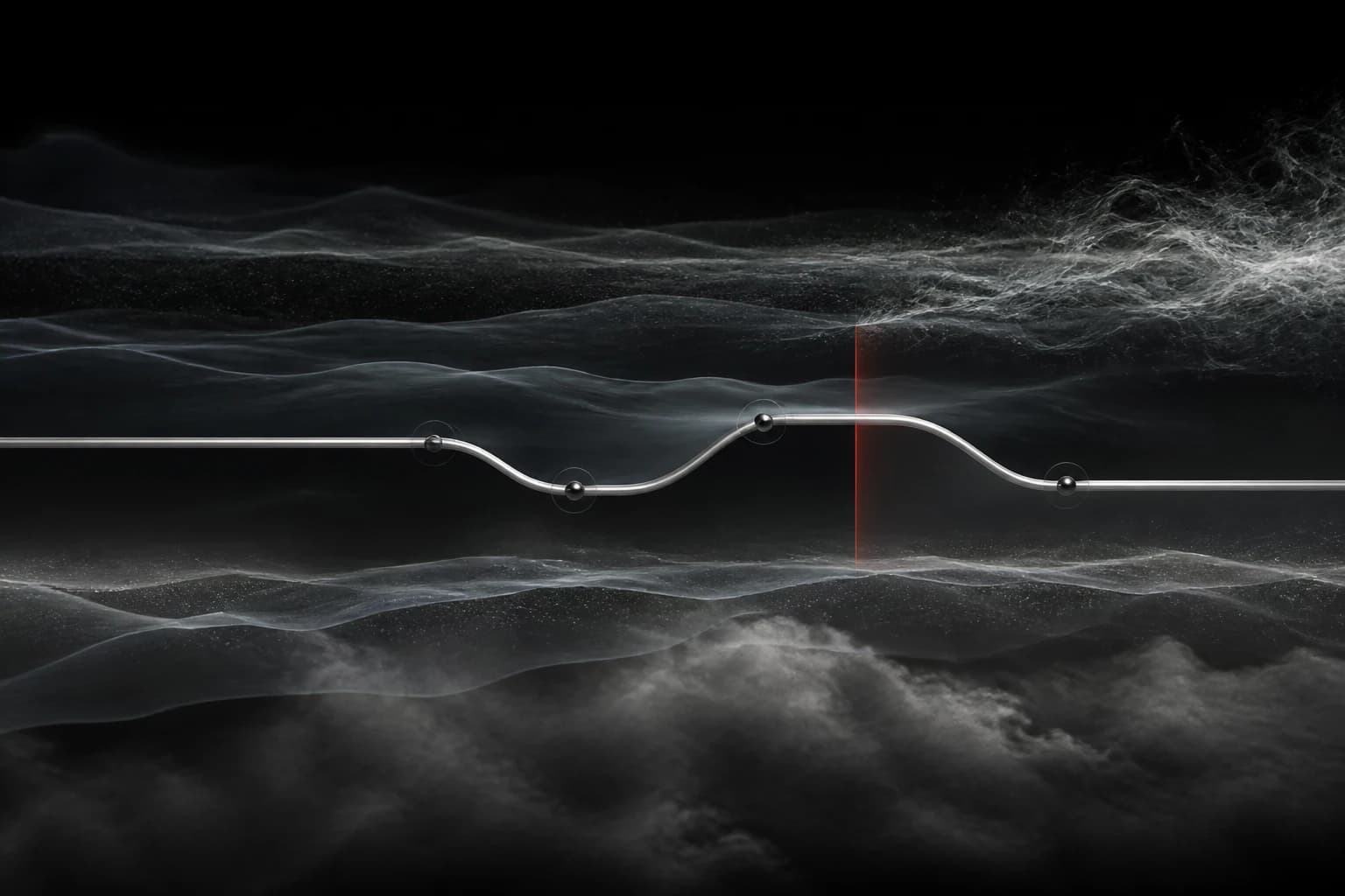 A brushed silver route makes three precise altitude shifts through translucent graphite atmospheric layers, with a single restrained red threshold on a deep black field