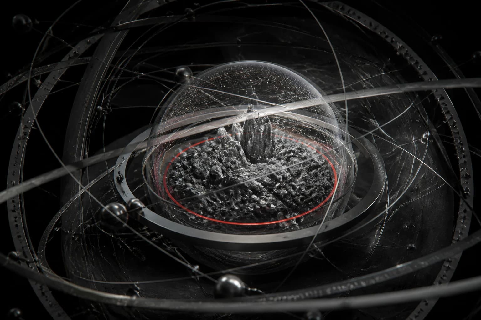 A graphite orbital lattice extends through a black spatial field, with silver memory paths converging on an isolated red-ringed sandbox core
