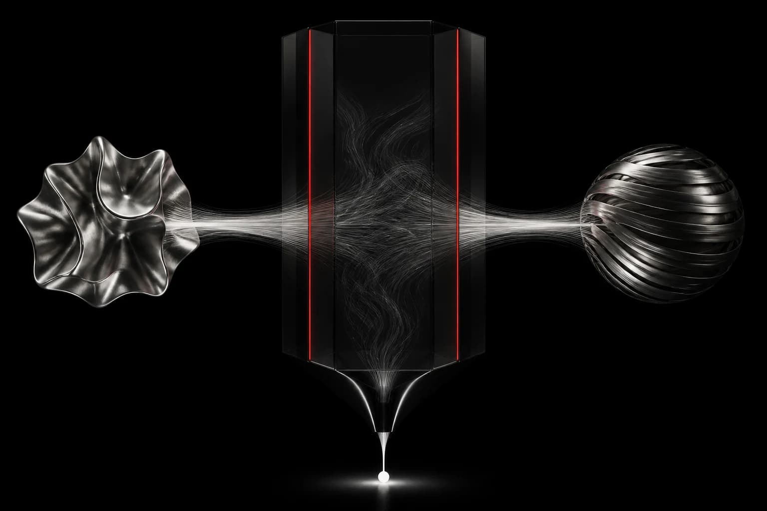 Two silver forms send fine pale strands into opposite sides of a tall dark translucent chamber, where the paths remain separated by red-lit boundaries