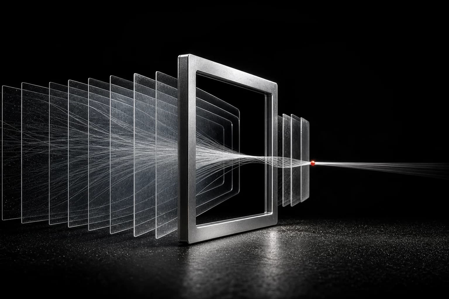Transparent provenance layers pass through a silver calibration frame and resolve into one clear signal beside a small red marker