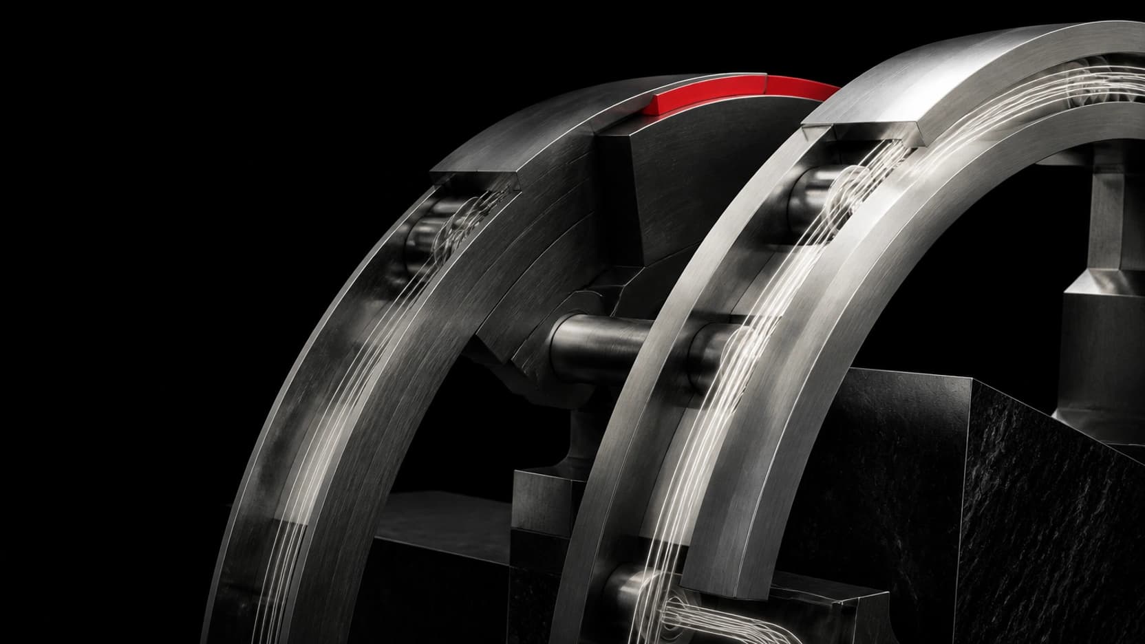 Two interlocking silver production arcs pass luminous work paths between them while a restrained red timing notch marks a temporary price window