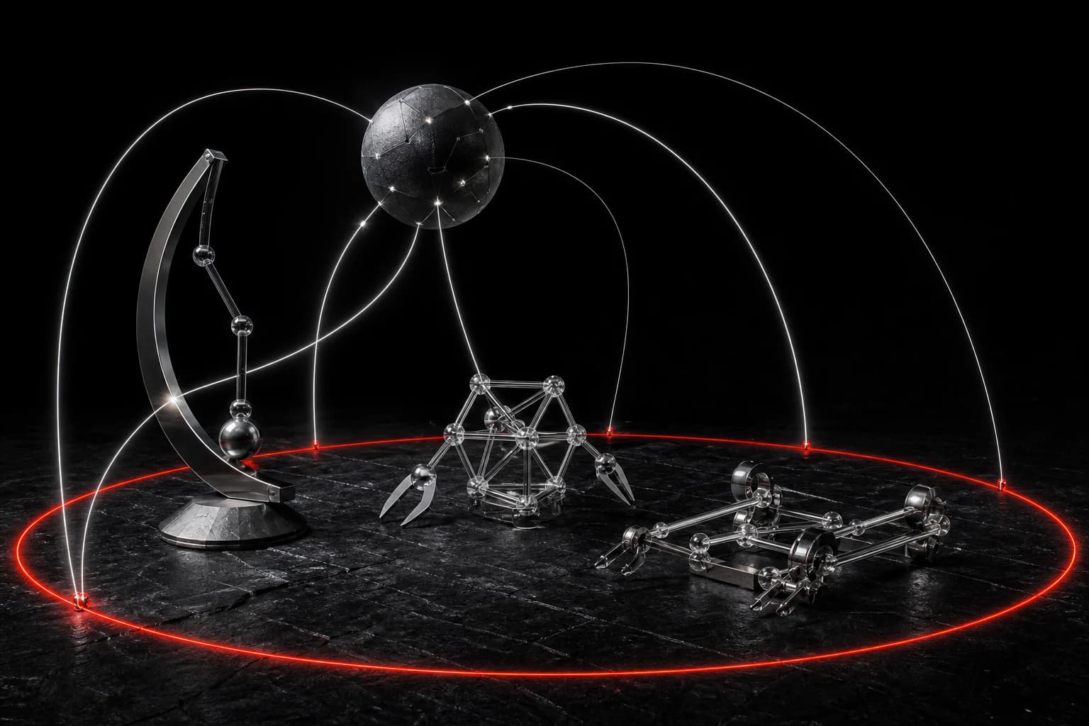 Three abstract silver kinetic mechanisms exchange white control paths inside a red safety boundary beneath a dark orchestration sphere