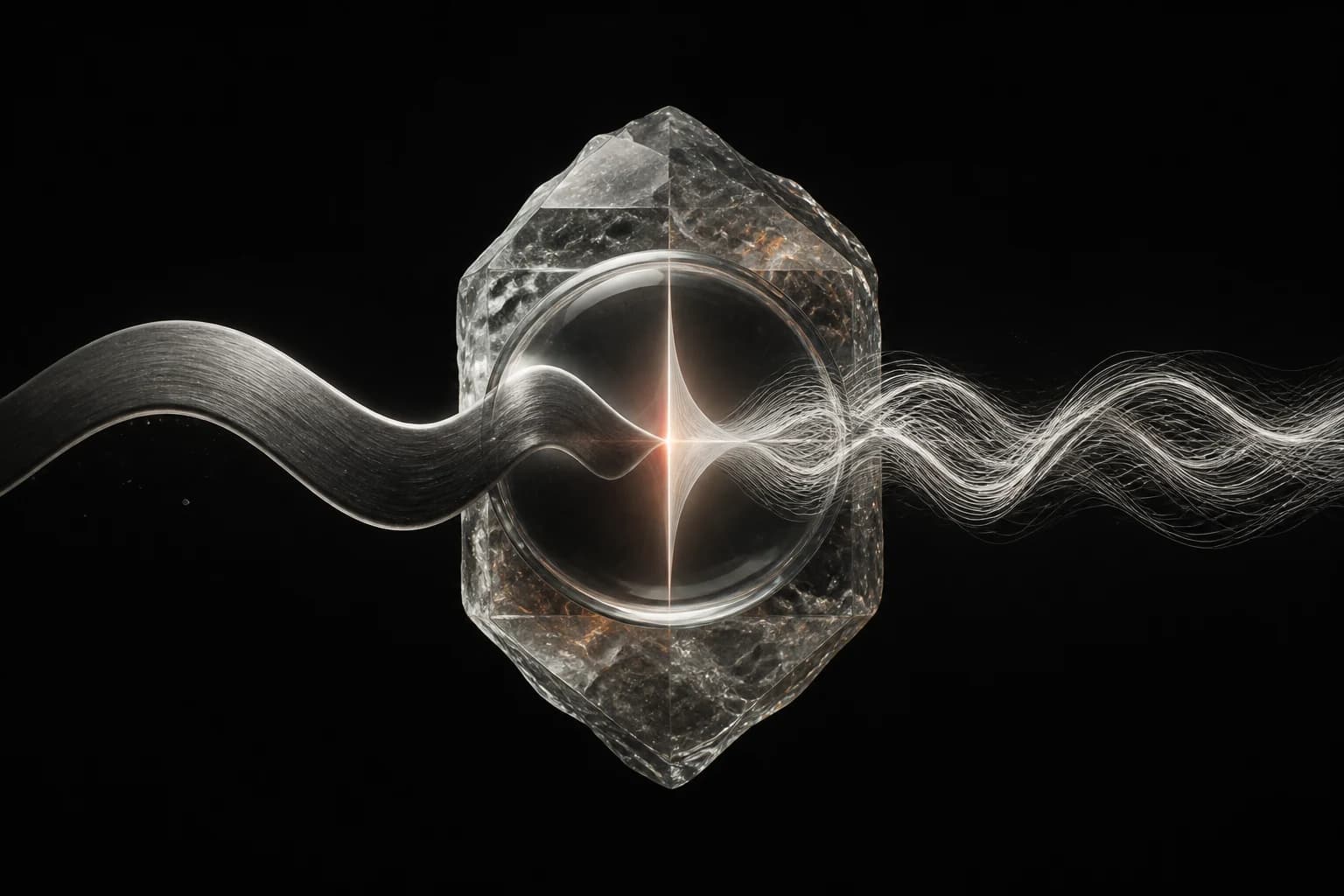 A broad graphite wave and many fine silver ripples meet inside a translucent mineral structure against a deep black field
