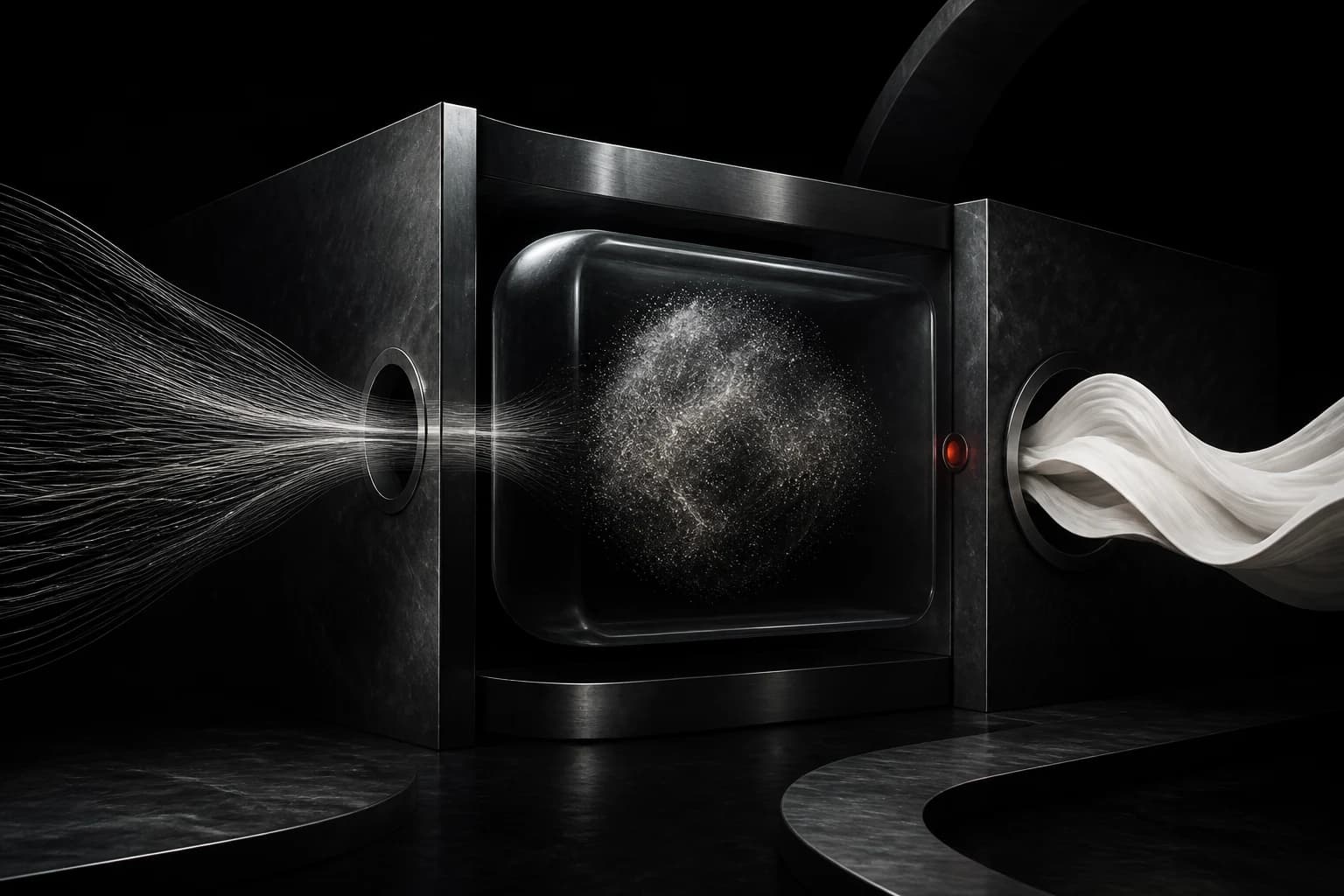 Silver filaments pass through a sealed dark glass chamber and emerge as a separate white flowing form against a black field