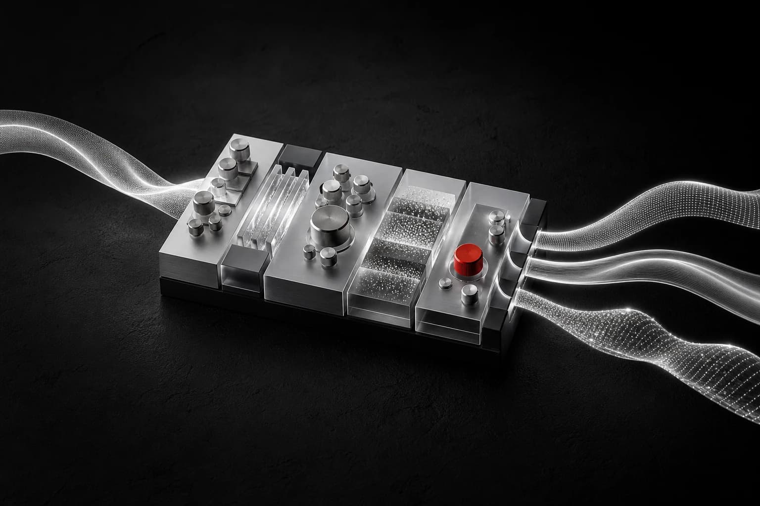 A translucent silver ribbon of sound passes through a dark modular mixing table, splitting into layered waves around one small red control