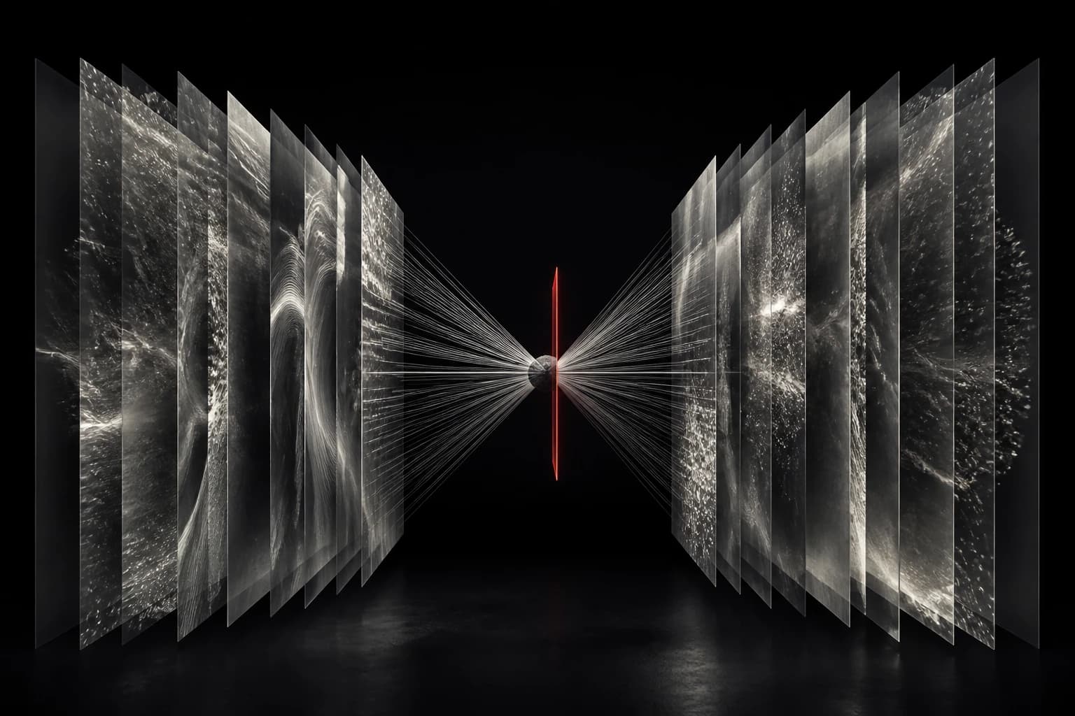 Layers of abstract silver imaging planes converge toward a small graphite core in a black space, stopped by a thin red boundary