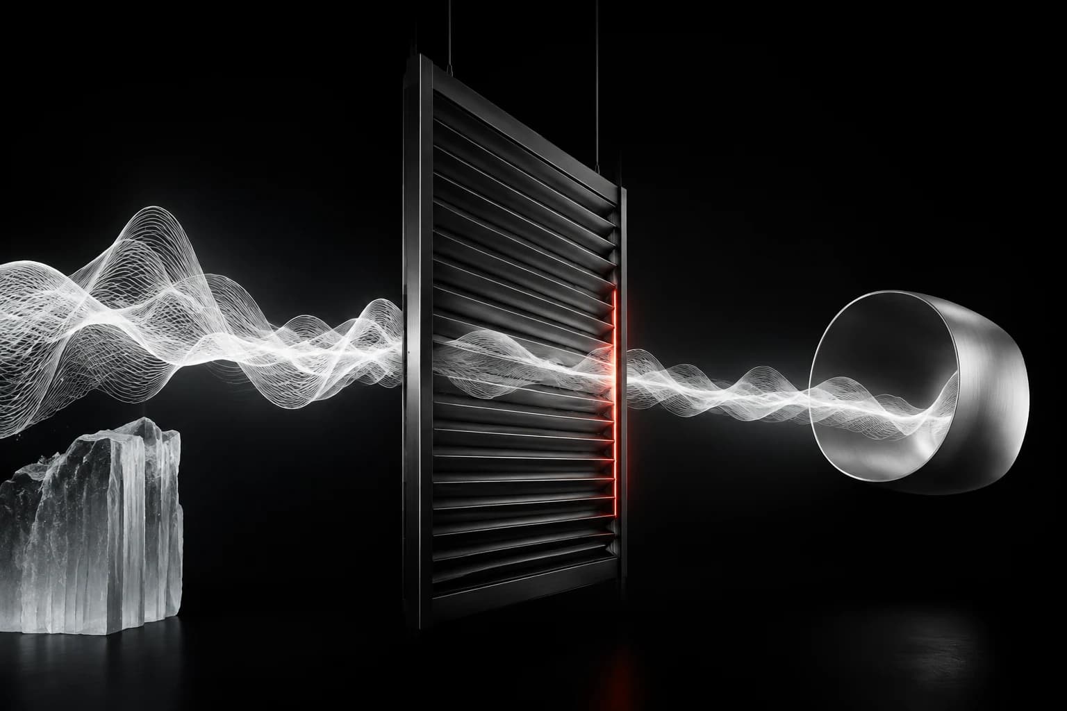 A continuous fine white sound-wave ribbon passes through a suspended graphite shutter with a narrow red edge and into a silver listening vessel on a black field
