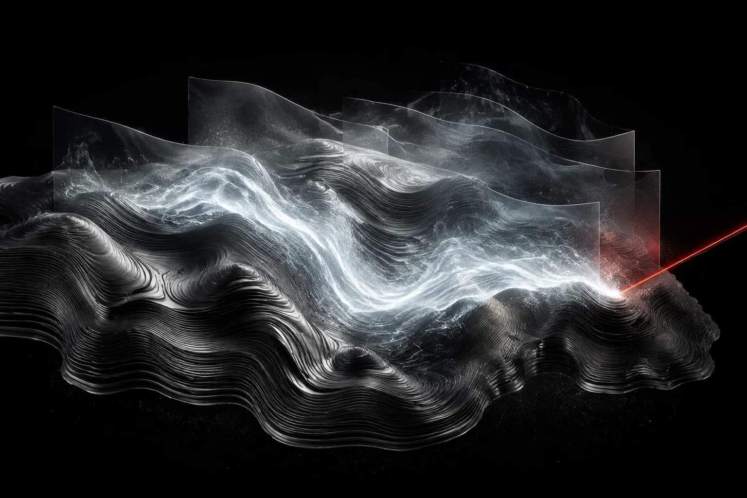 A silvery three-dimensional contour field unfolds through a black space, with a fine white weather front moving across it and one restrained red calibration line