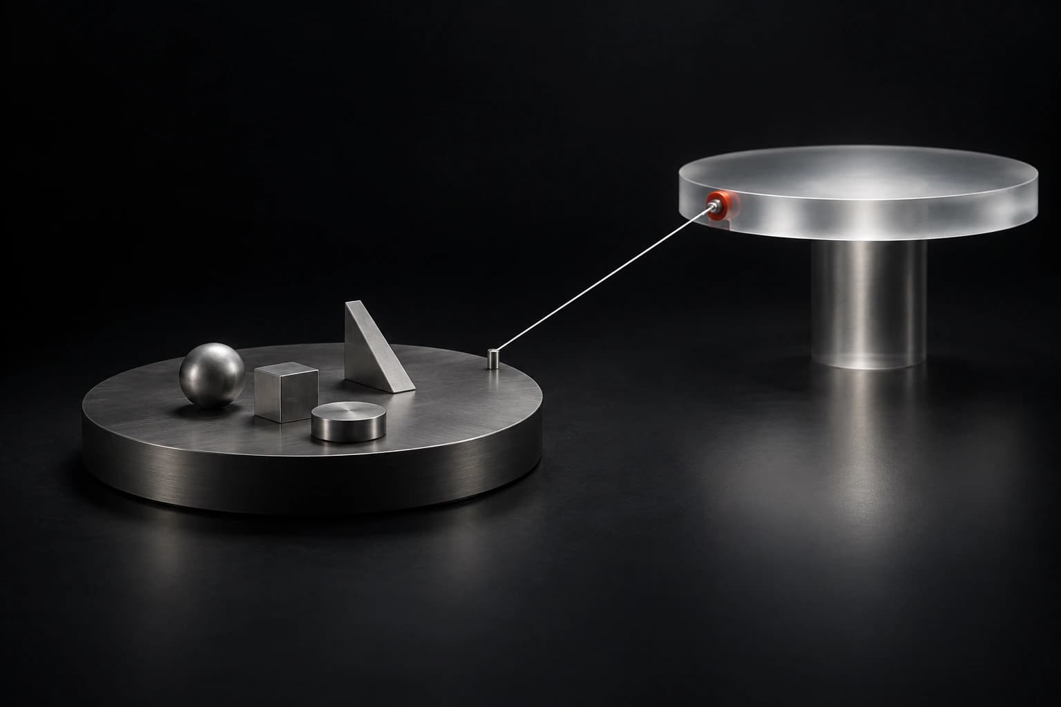 A graphite platform holding silver pieces connects by one fine white filament to an elevated silver platform with a small red coupling