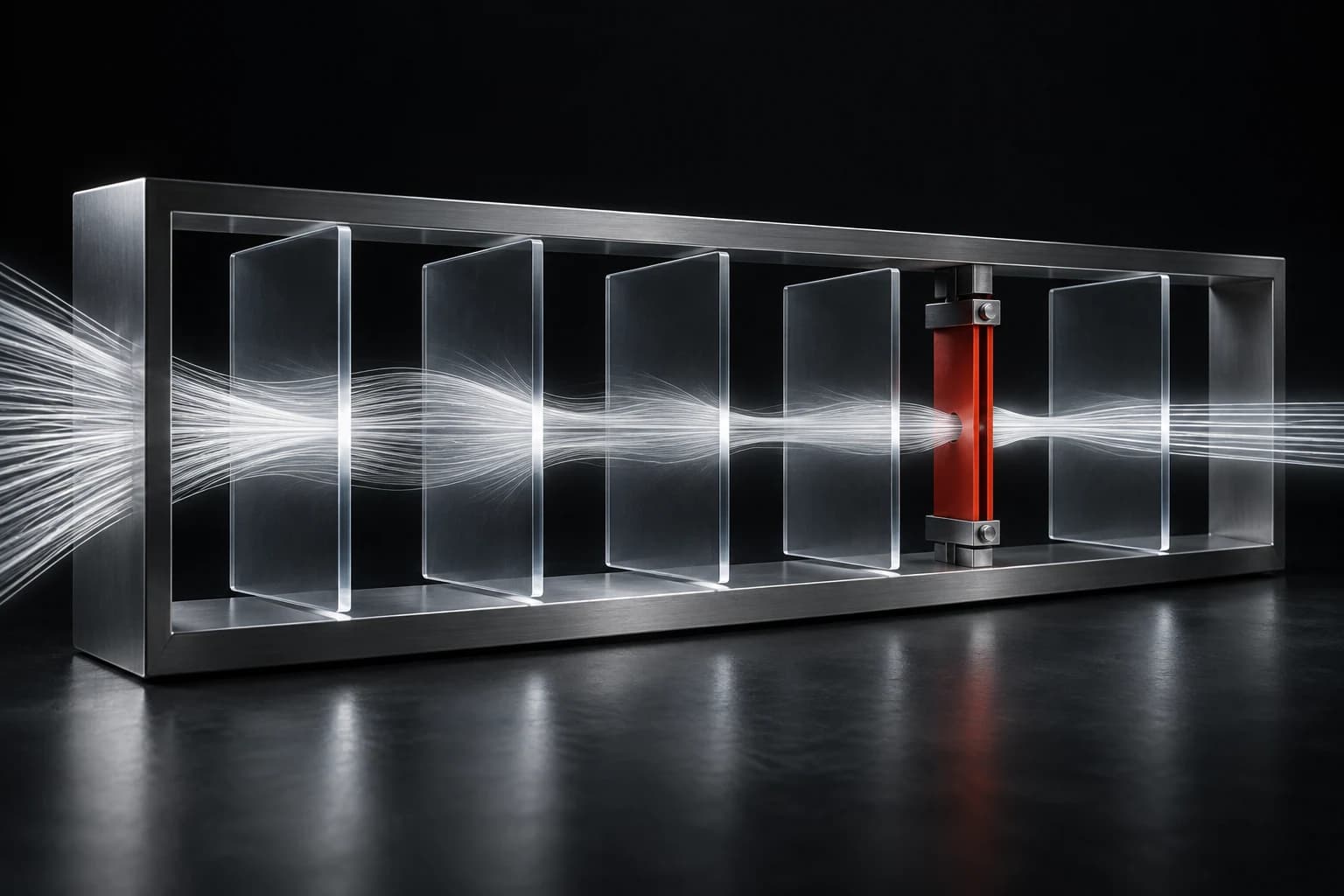 Five blank translucent planes guide a silver flow through a graphite framework beside one small red control gate