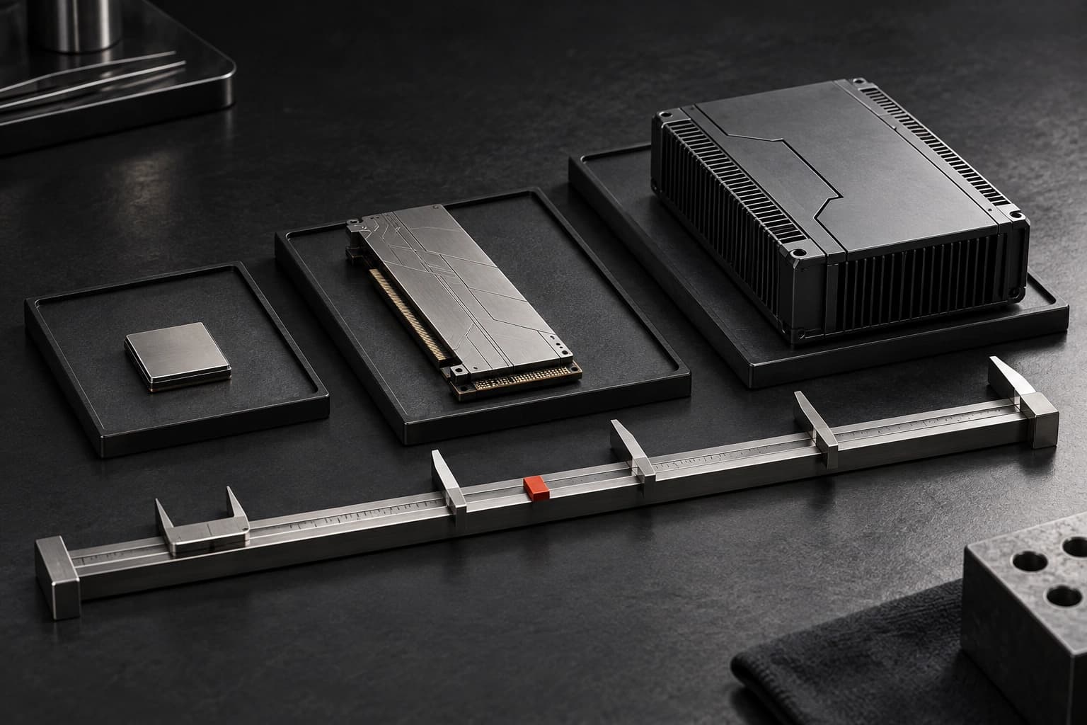 A silver chip-like tile, a longer metal card and a graphite module sit on separate trays beside an unnumbered measuring rail with a small red slider