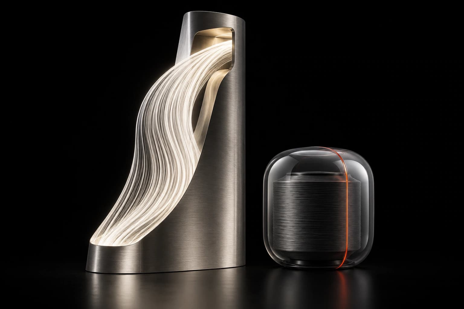 White threads flow through an open silver gantry beside a separate graphite spool enclosed in smoke glass with an unbroken red seam.