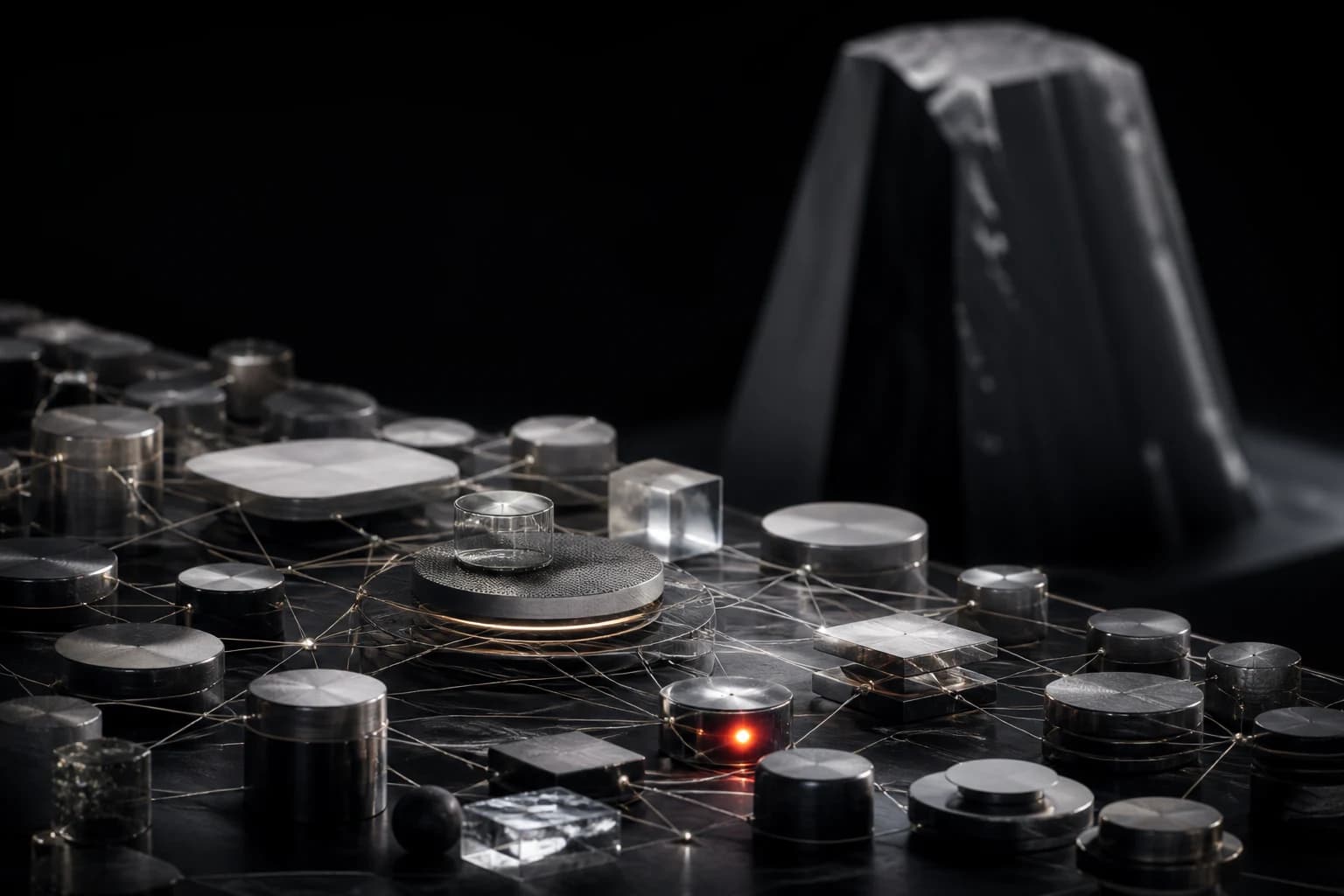 Many small silver and graphite forms are joined by fine filaments while one large dark monolith stands apart in the distance