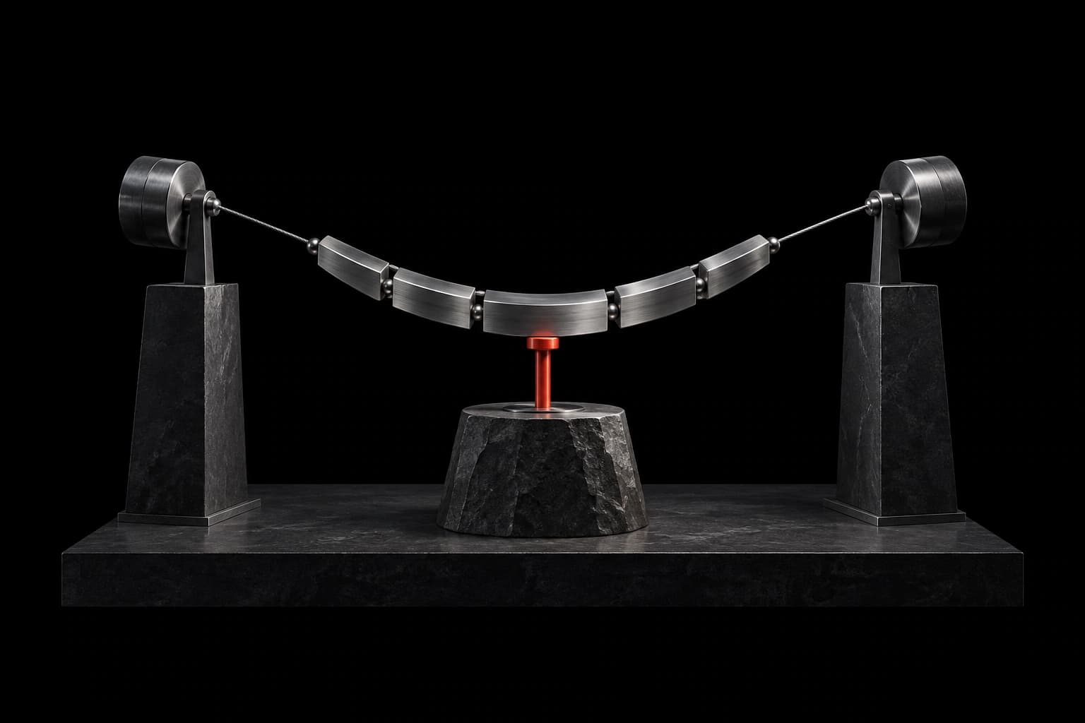 A suspended segmented silver arc rests against a small red stop-pin on a separate graphite anchor between two counterweights
